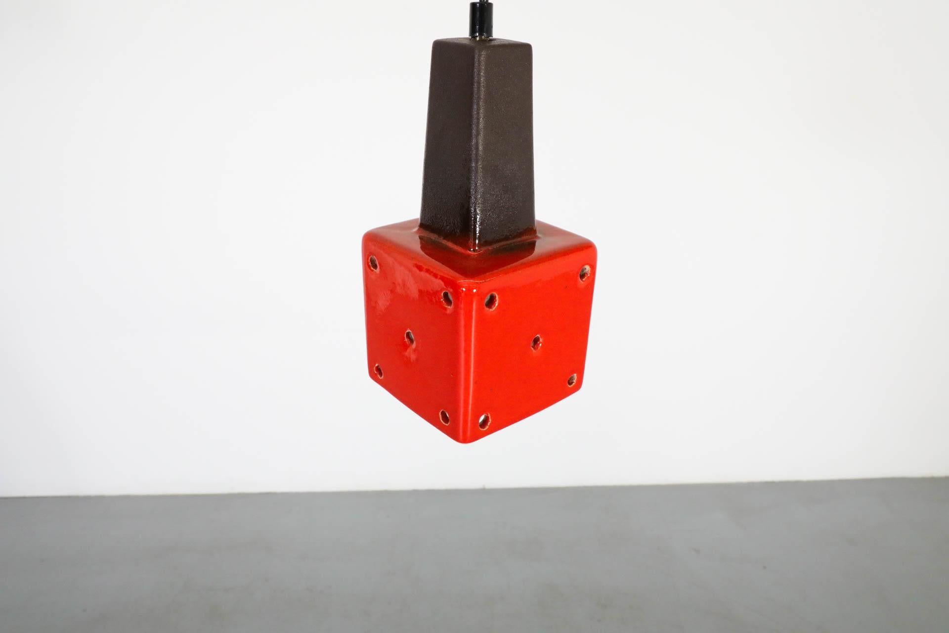 Mid-Century Vibrant Red-Orange Ceramic Ceiling Pendant with Cut-Outs For Sale 1