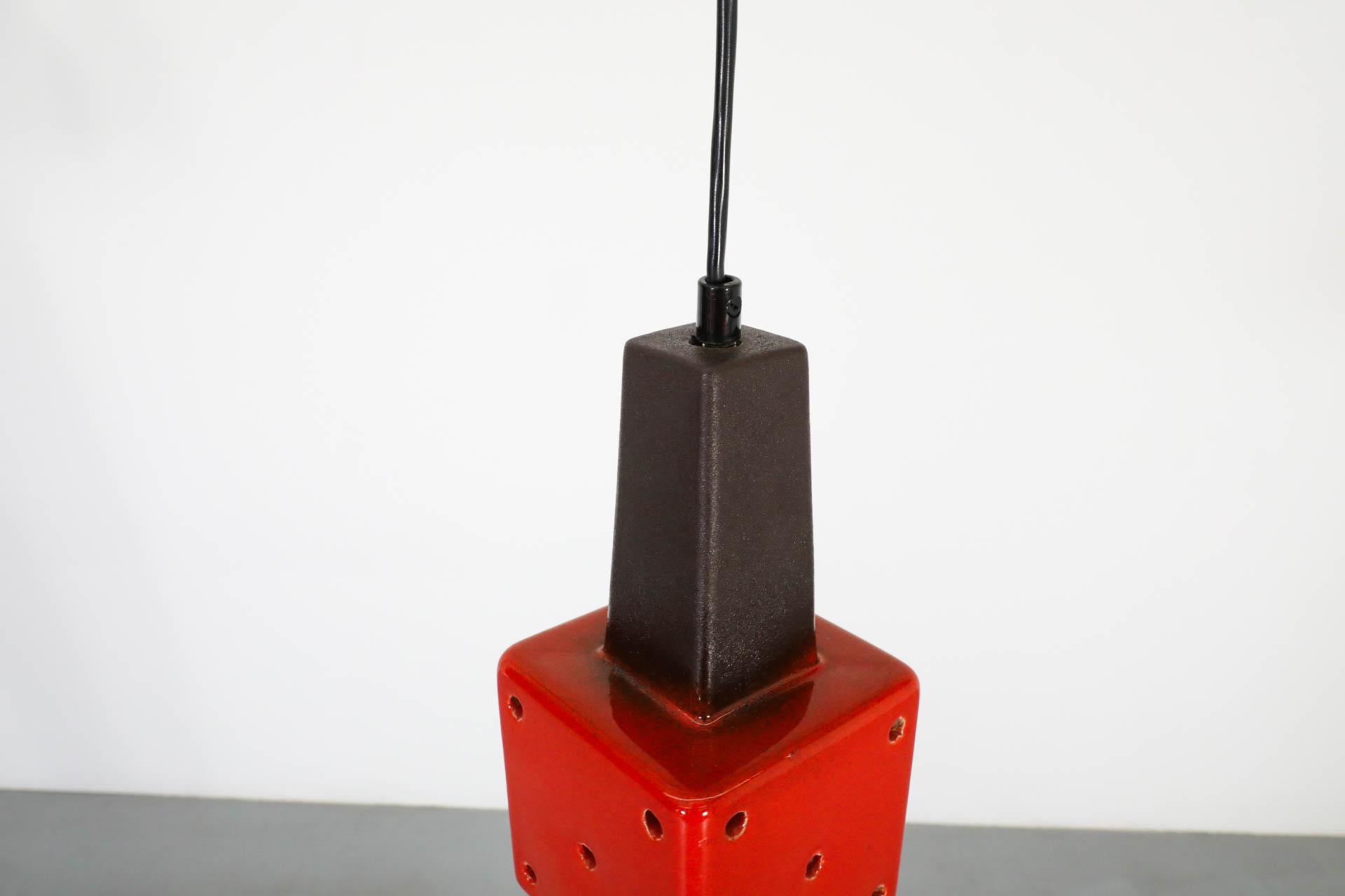 Mid-Century Vibrant Red-Orange Ceramic Ceiling Pendant with Cut-Outs For Sale 2