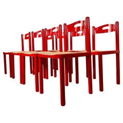 Mid-Century Vico Magistretti Style Italian Red Lacquer Dining Chairs, Set of 8