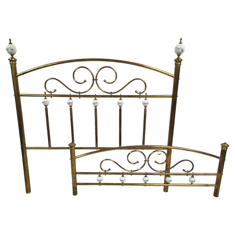 Mid Century Victorian Brass and Porcelain Queen Bed Frame For Sale at 1stDibs