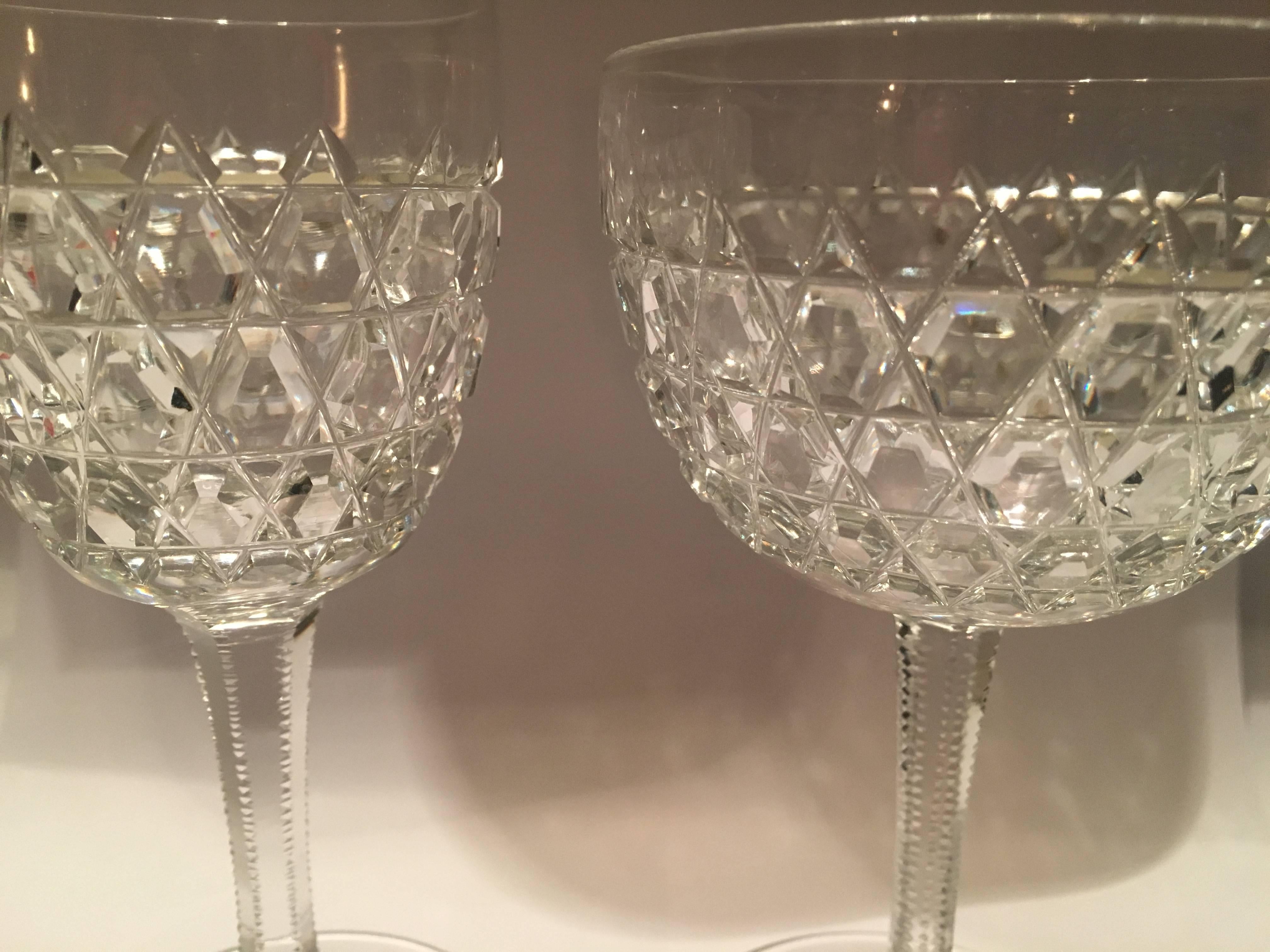 A mixed set of ten hand-cut, handblown Victorian hobnail crystal glasses. The five tall ones are perfect for an aperitif and the five wider glasses could be used for drinking champagne (albeit petite), dessert wine, port, mini martinis, whatever