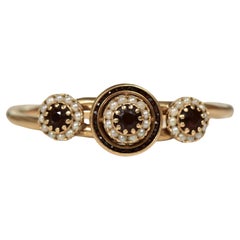 Mid Century Victorian Inspired Garnet & Pearl Hinged Cuff Bracelet