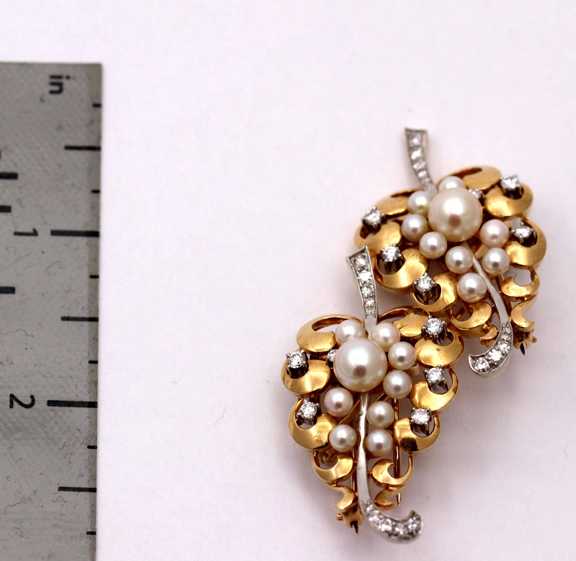 Women's Midcentury Victorian Inspired Gold Double Clips with Diamonds and Pearls