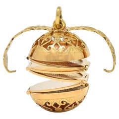 Mid-Century Victorian Revival 14K Gold Vintage Accordion Locket Sphere Pendant