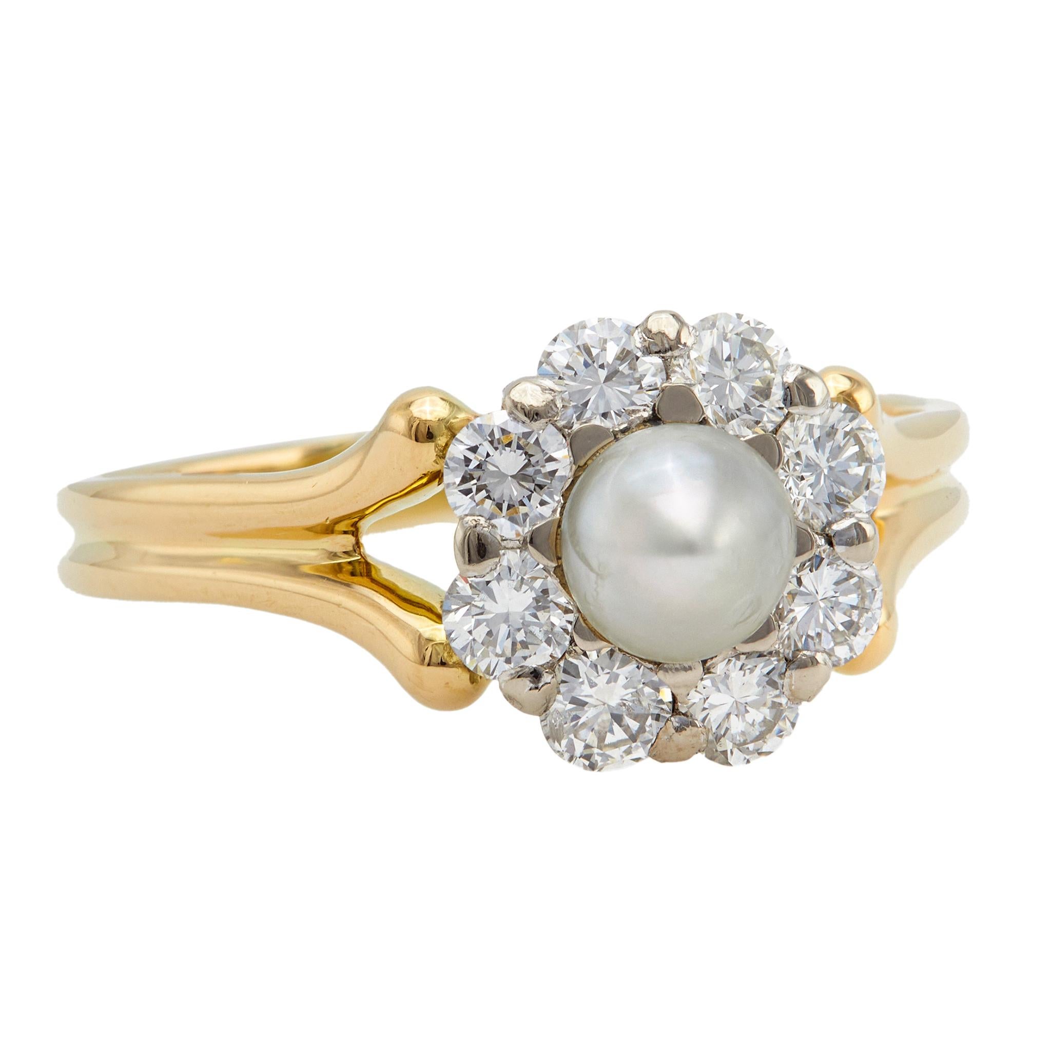 Women's or Men's Mid Century Victorian Revival Pearl Diamond 18k Gold Platinum Cluster Ring For Sale