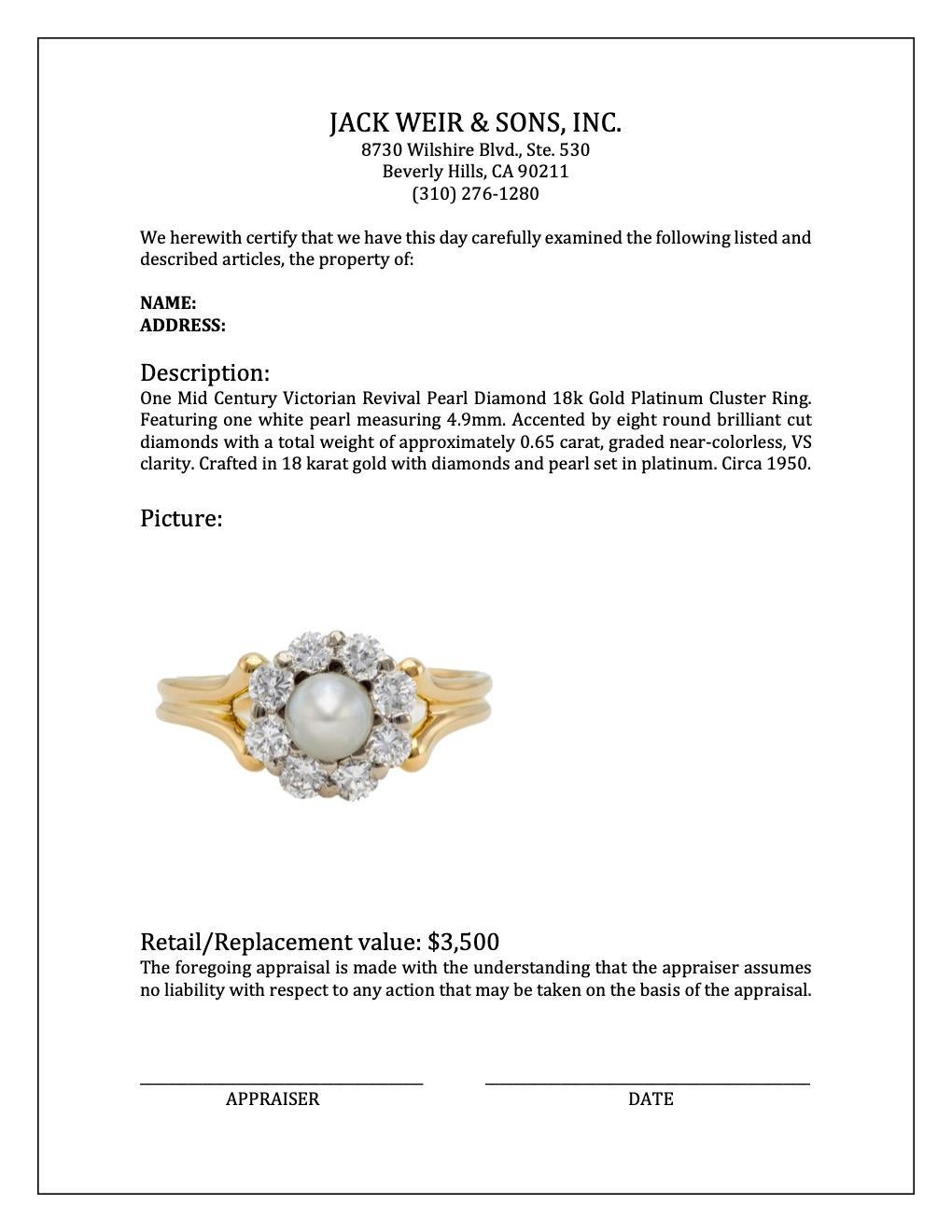 Mid Century Victorian Revival Pearl Diamond 18k Gold Platinum Cluster Ring For Sale 1