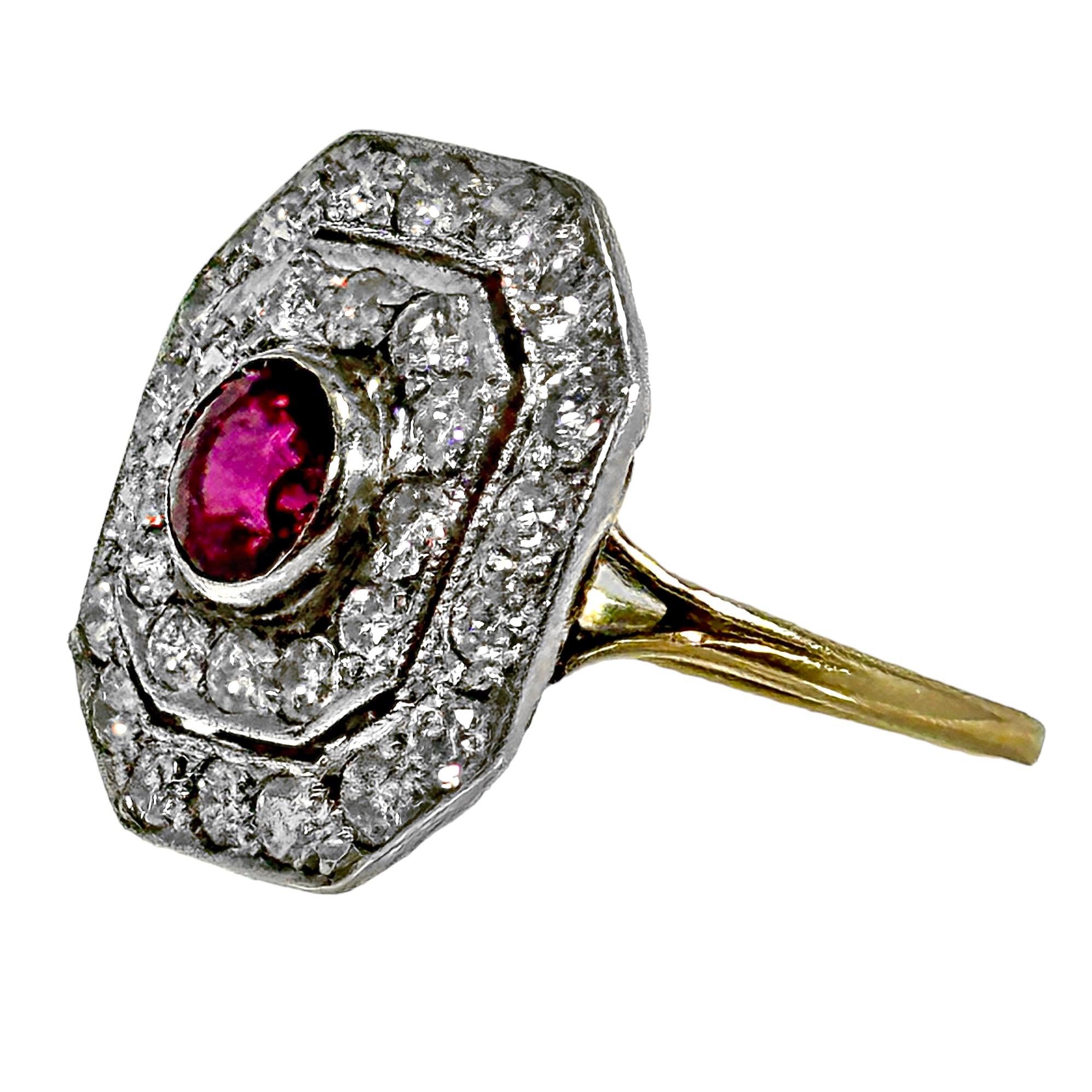 Mid-Century Victorian Revival Ruby and Diamond Ring in Platinum and Yellow Gold In Good Condition For Sale In Palm Beach, FL