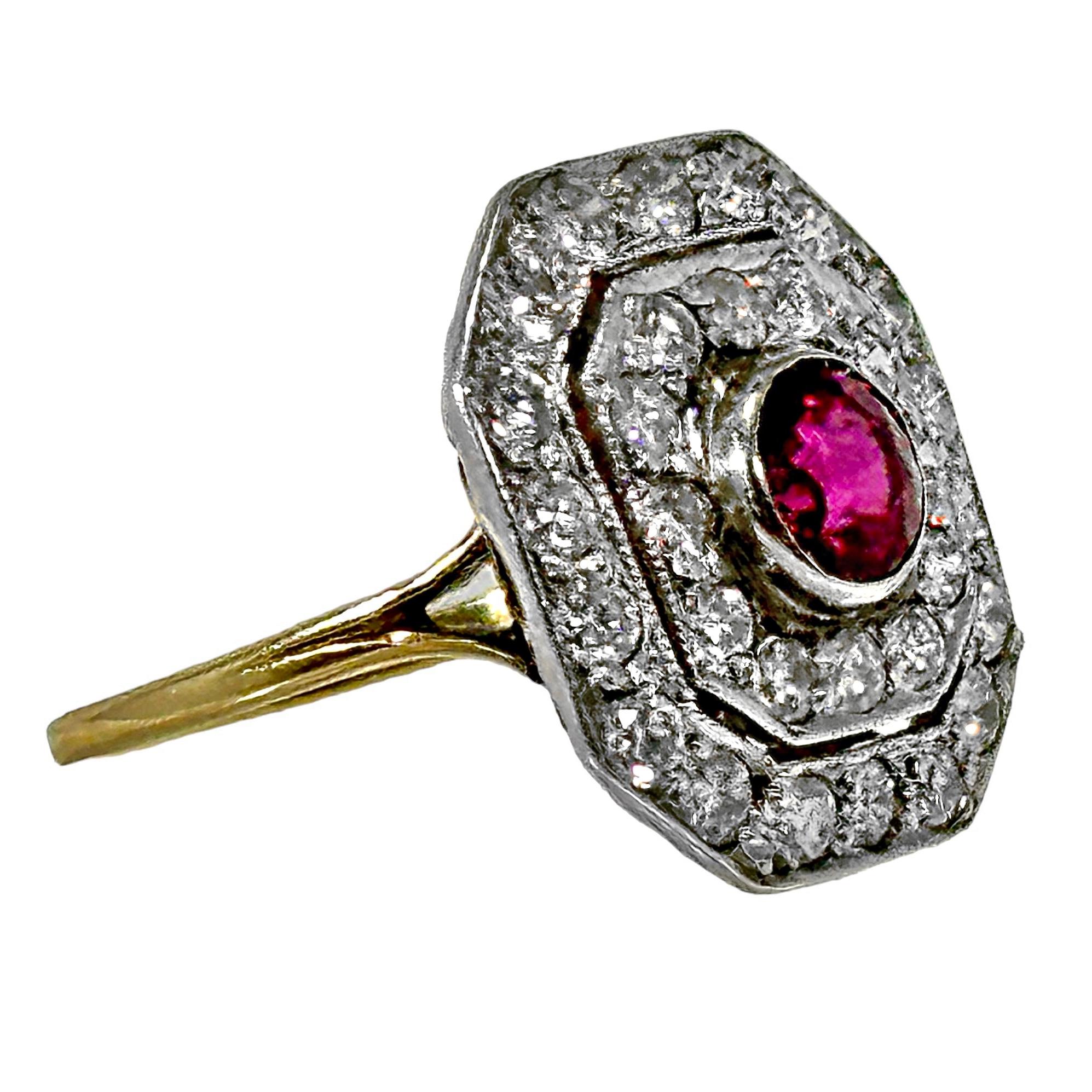 Mid-Century Victorian Revival Ruby and Diamond Ring in Platinum and Yellow Gold For Sale 1