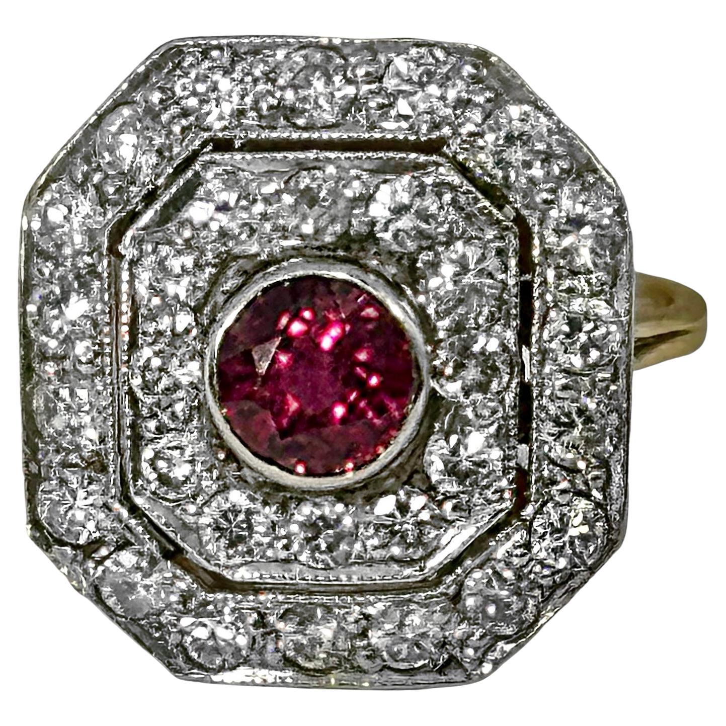 Mid-Century Victorian Revival Ruby and Diamond Ring in Platinum and Yellow Gold For Sale