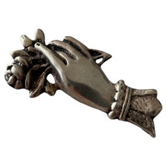 Mid-Century Victorian Revival Silver Tone Hand with Rose Brooch, c. 1950s–1970s