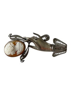 Mid-Century Victorian Revival Sterling Silver Hand-Motif Cameo Brooch