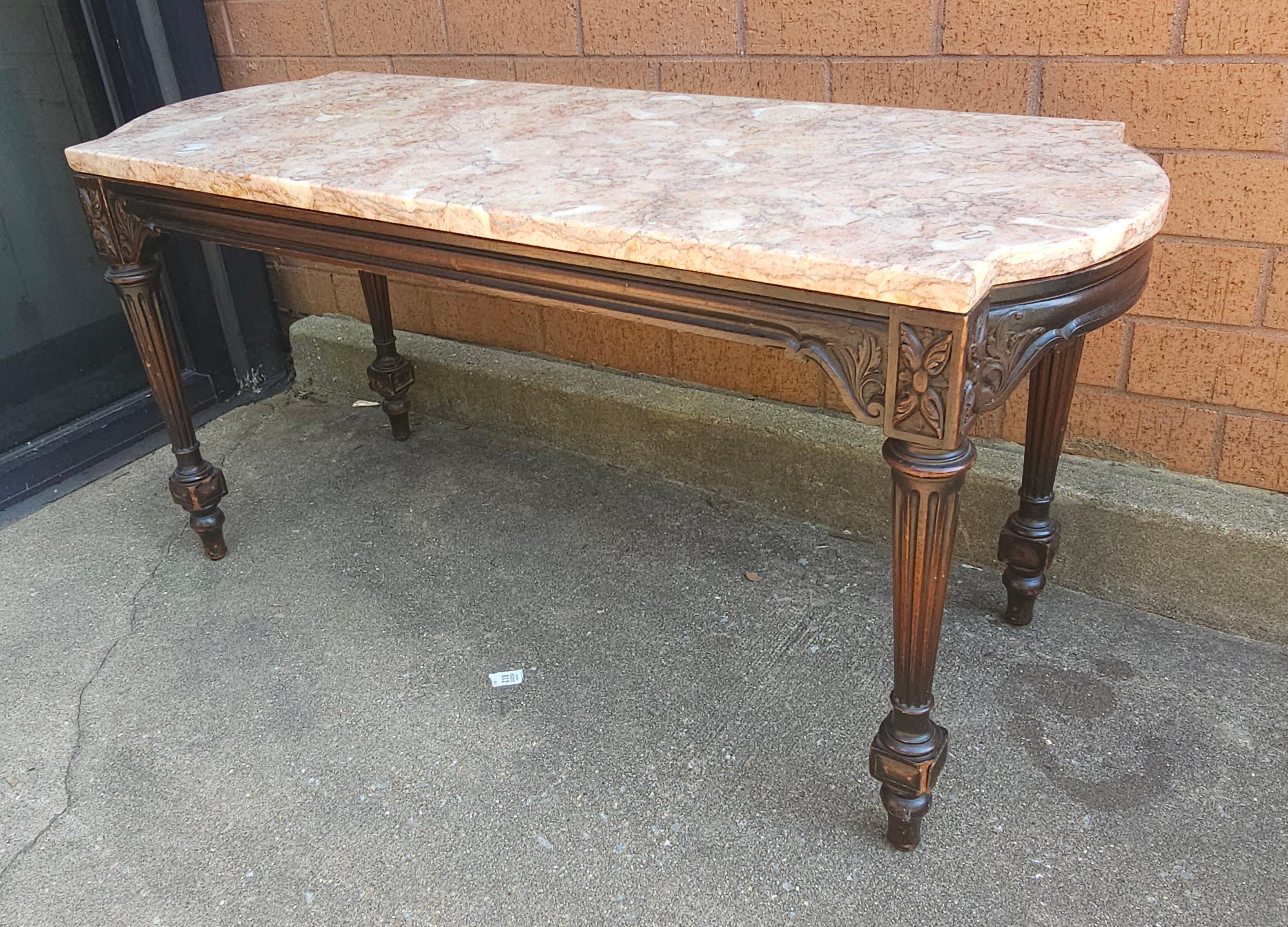 American Mid Century Victorian Style Carved Mahogany Marble Top Cocktail Table For Sale