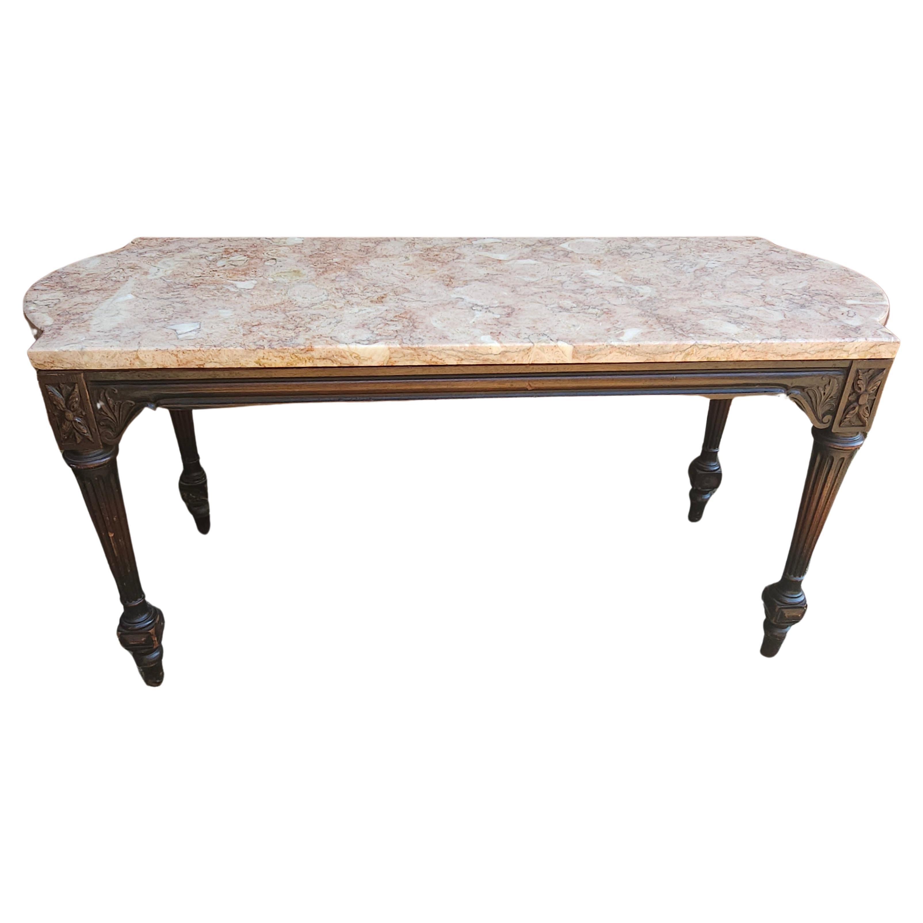 Mid Century Victorian Style Carved Mahogany Marble Top Cocktail Table For Sale