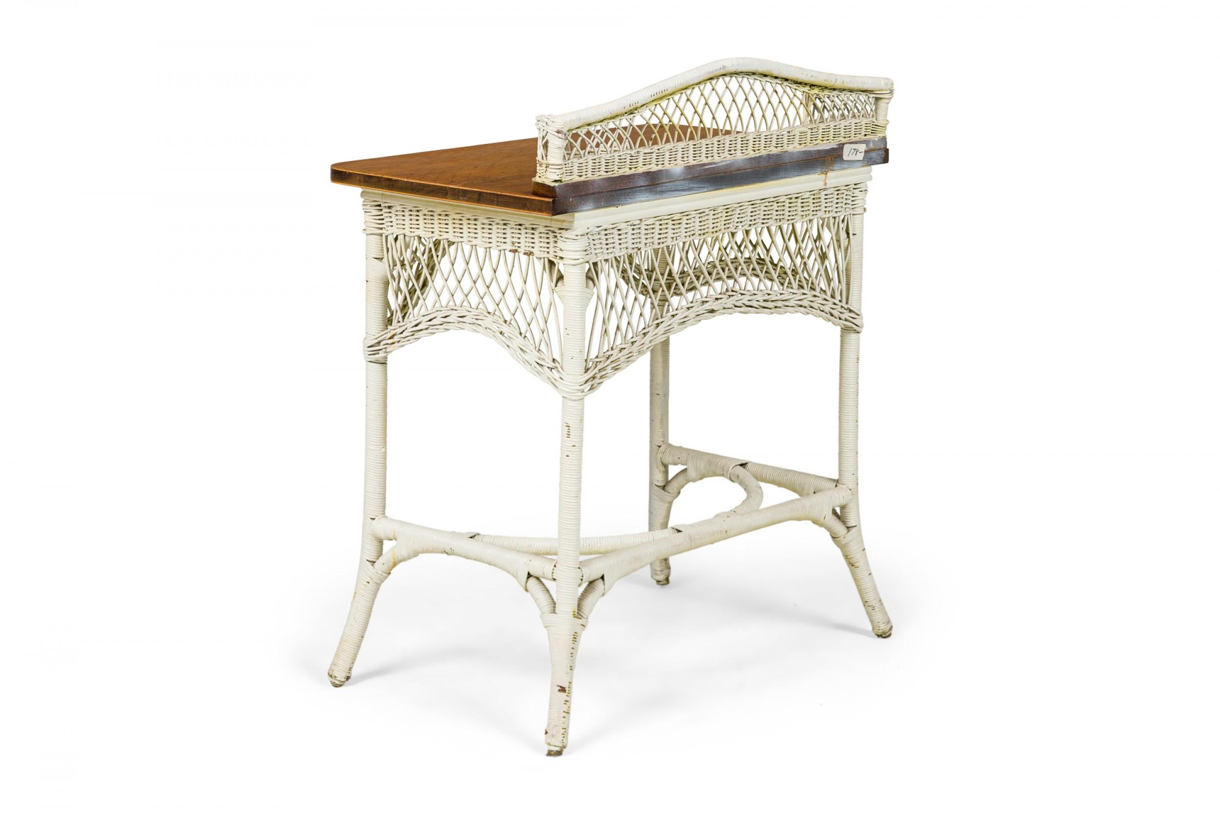 Mid-Century Modern Mid-Century Victorian-Style White Painted Wicker and Wood Writing Desk For Sale