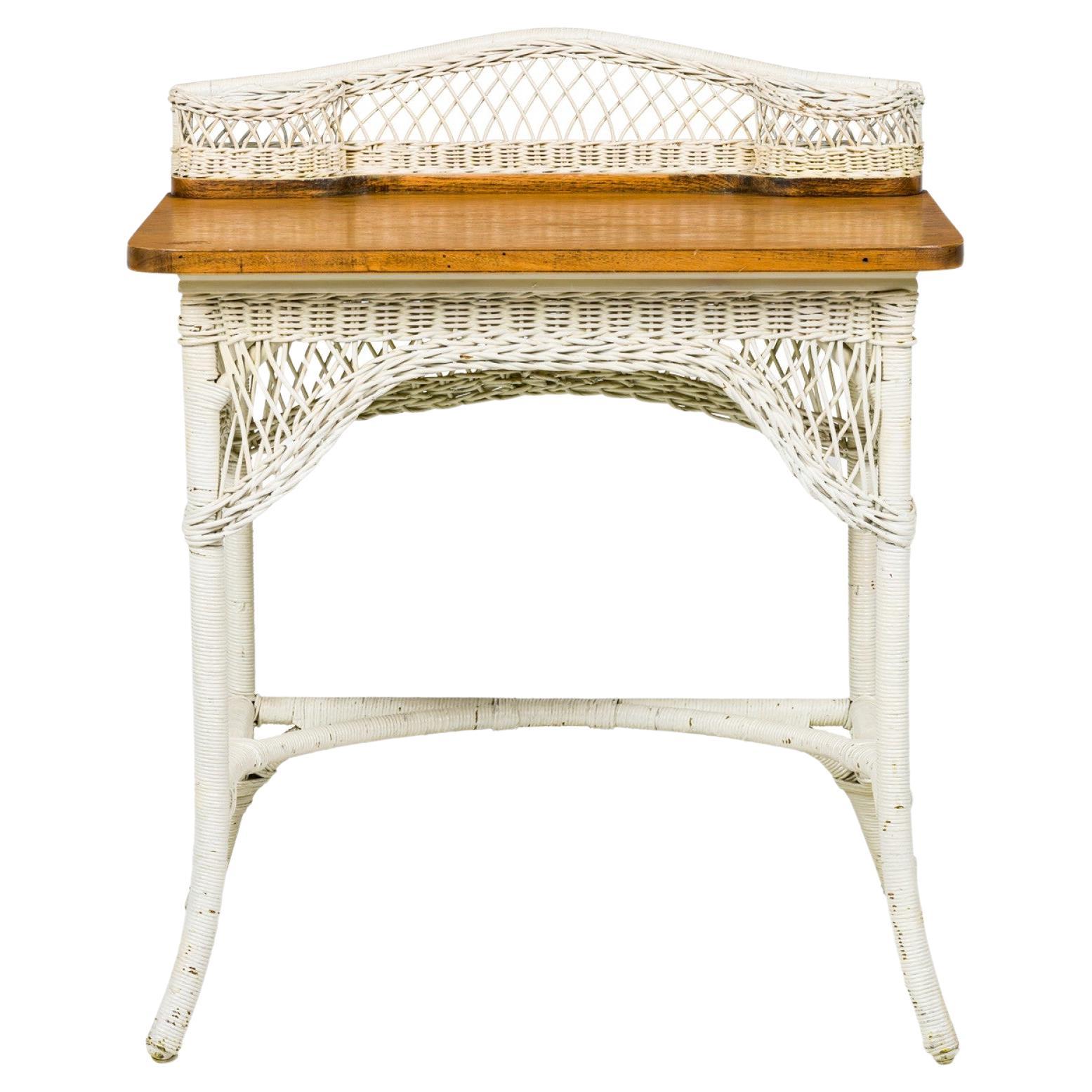 Mid-Century Victorian-Style White Painted Wicker and Wood Writing Desk For Sale