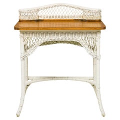 Mid-Century Victorian-Style White Painted Wicker and Wood Writing Desk