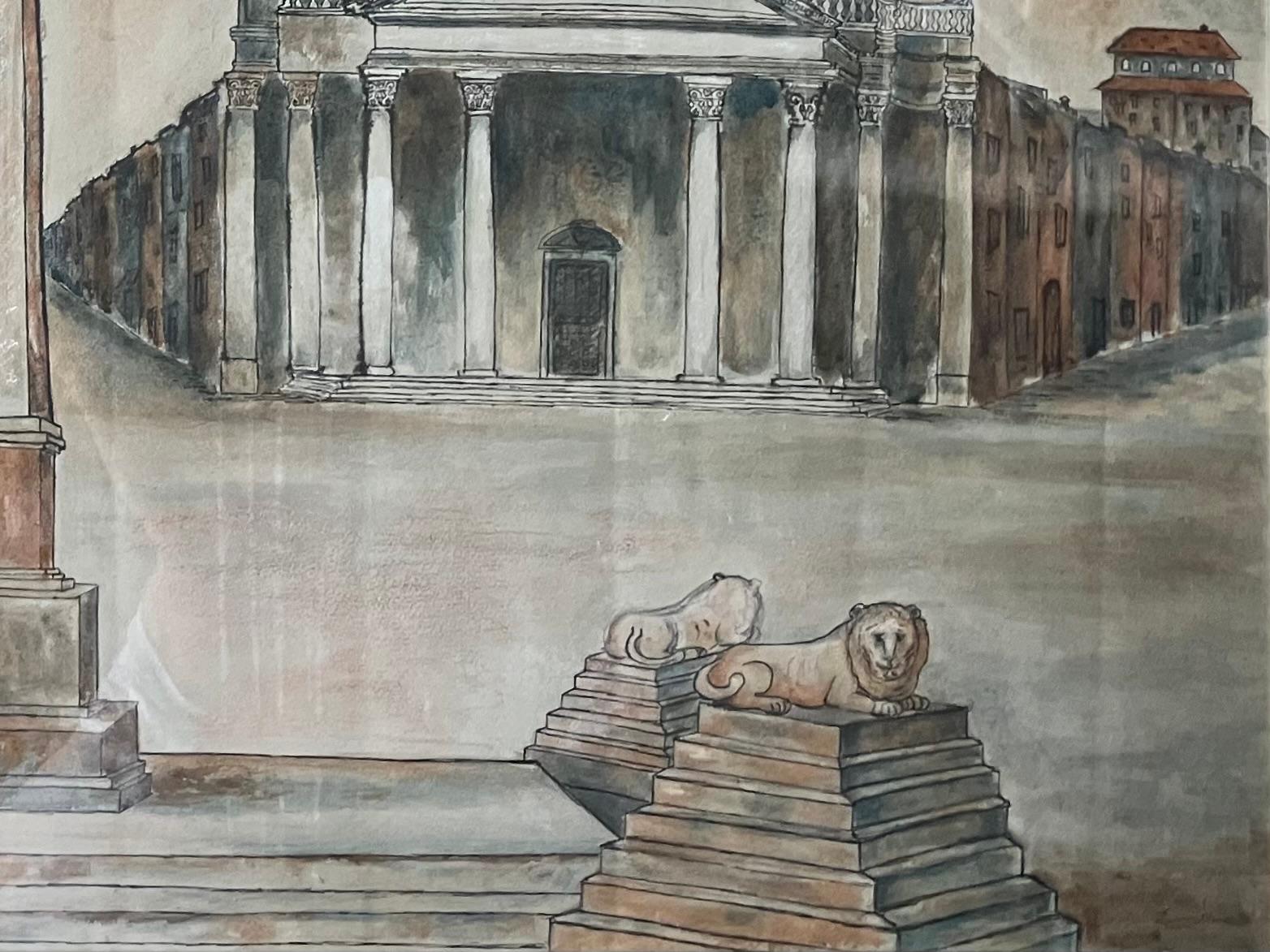 Ansicht der Piazza del Popolo aus der Mitte des Jahrhunderts. Großes Pastell und Gouache auf Papier des Obelisken mit Löwen und den Zwillingskirchen der berühmten Piazza Del Popolo in Rom. Signiert unten rechts 
