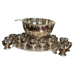 Mid Century Vintage Silver Plate Bowl Set with 18 Cups, Rococo Style