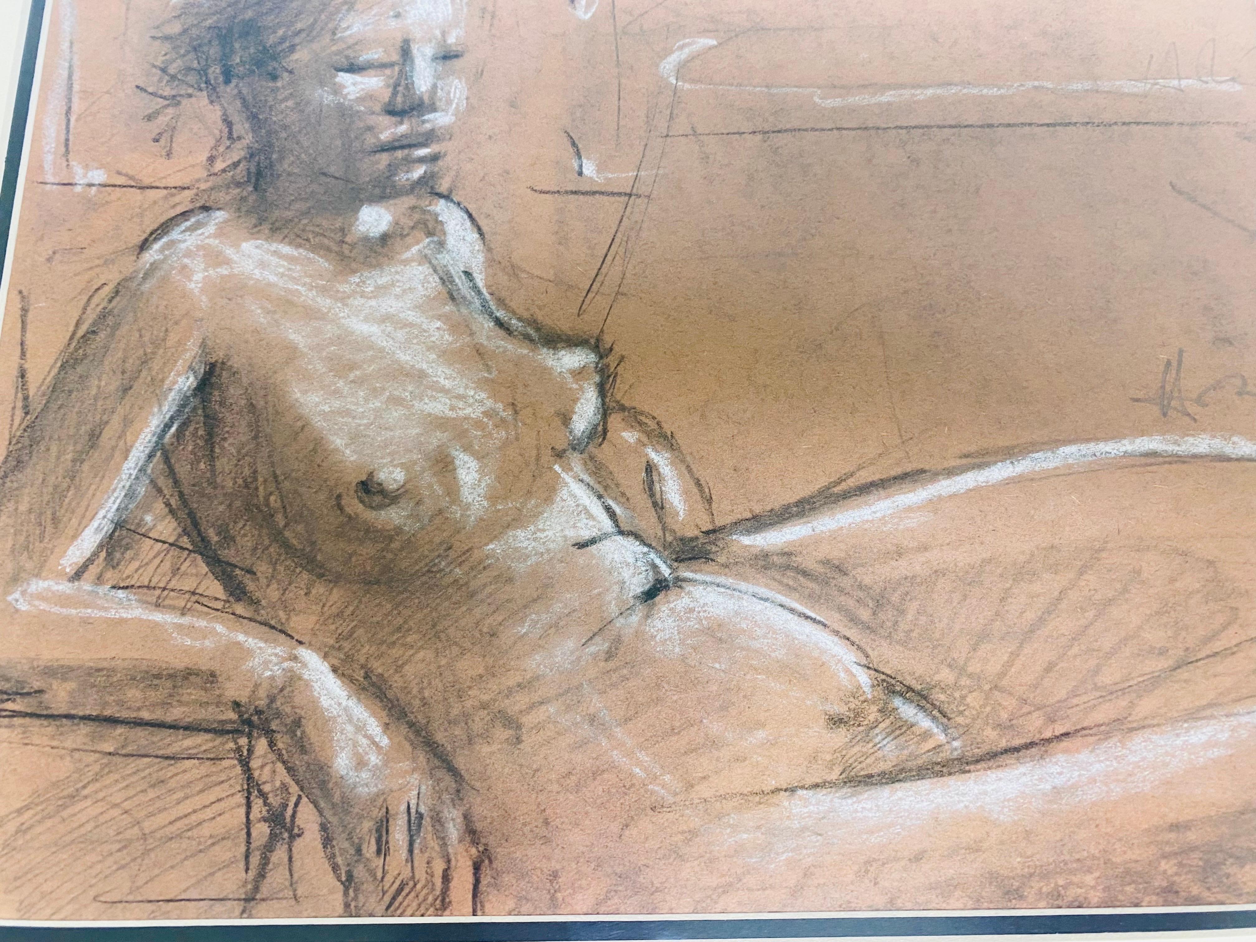 Mid century vintage Academy style female nude study in charcoal For Sale 1