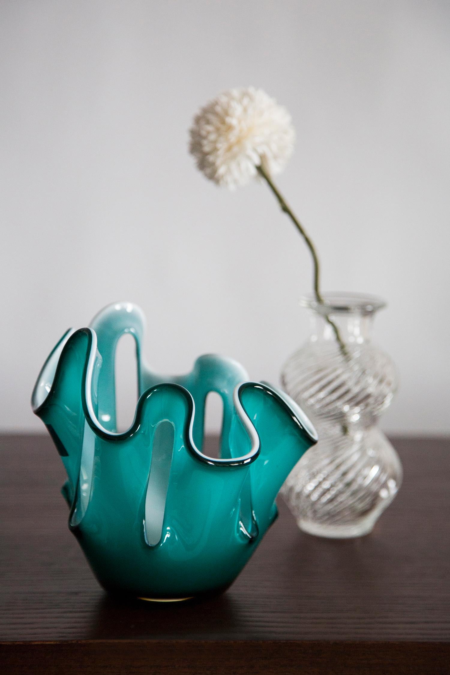 Polish Mid Century Vintage Acqua and White Artistic Glass Vase, Europe, 1970s For Sale