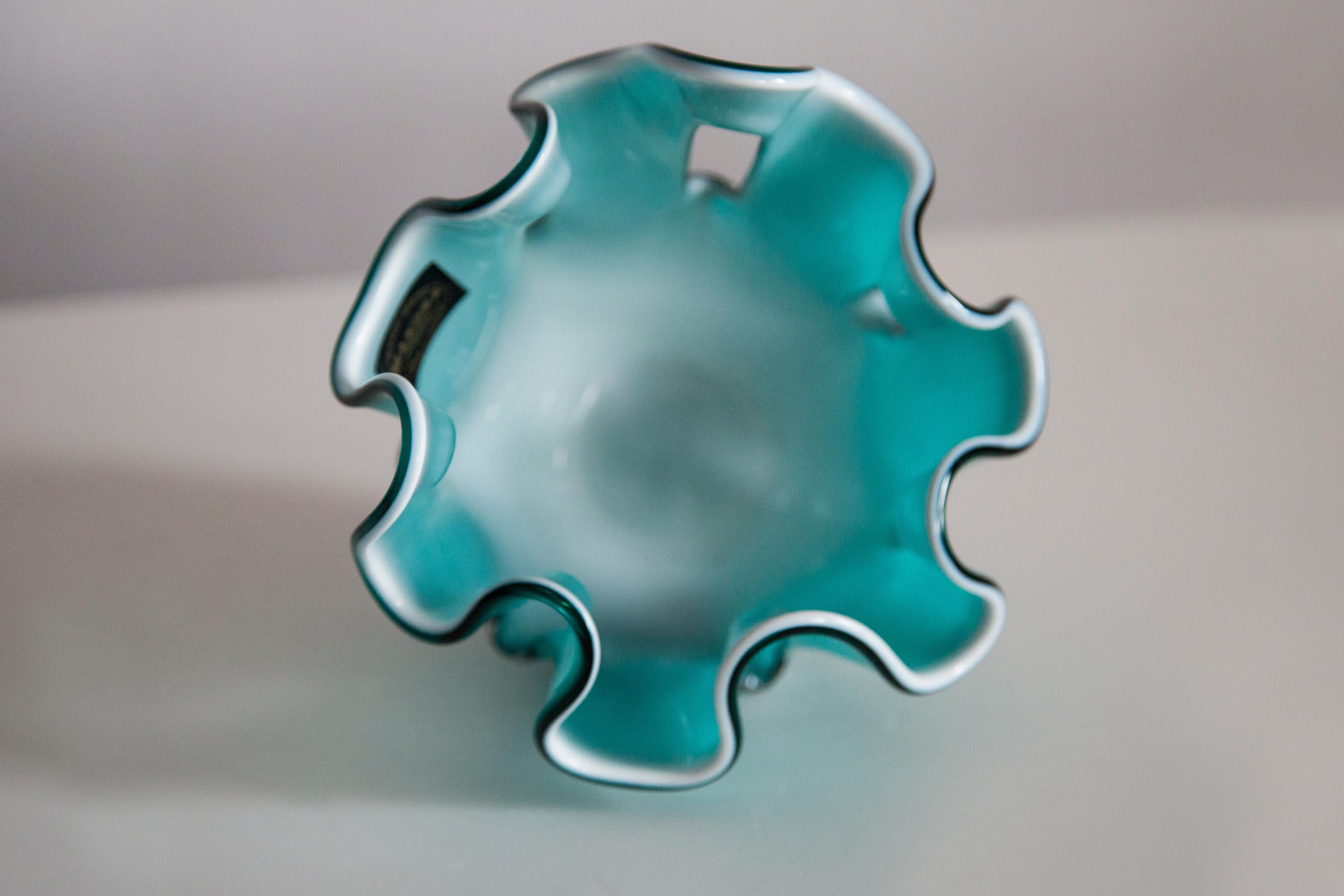 Mid Century Vintage Acqua and White Artistic Glass Vase, Europe, 1970s For Sale 2