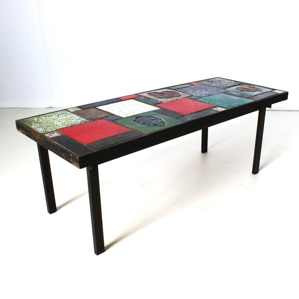 20th Century Mid Century Vintage Africanist Ceramic Coffee table, France , 1950's For Sale