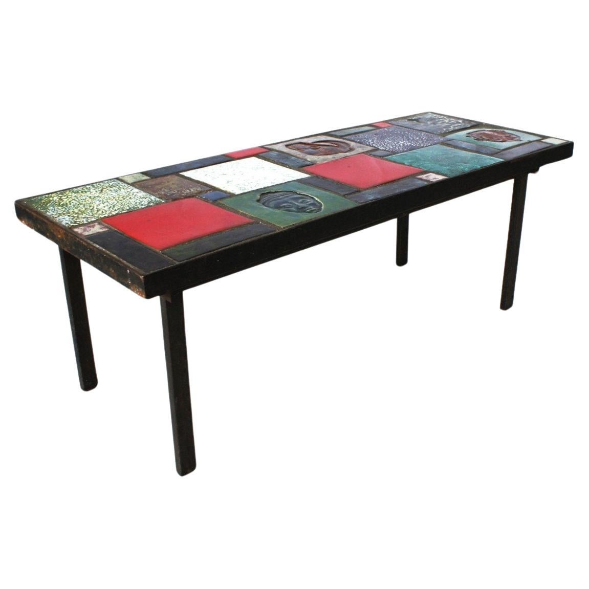 Mid Century Vintage Africanist Ceramic Coffee table, France , 1950's For Sale