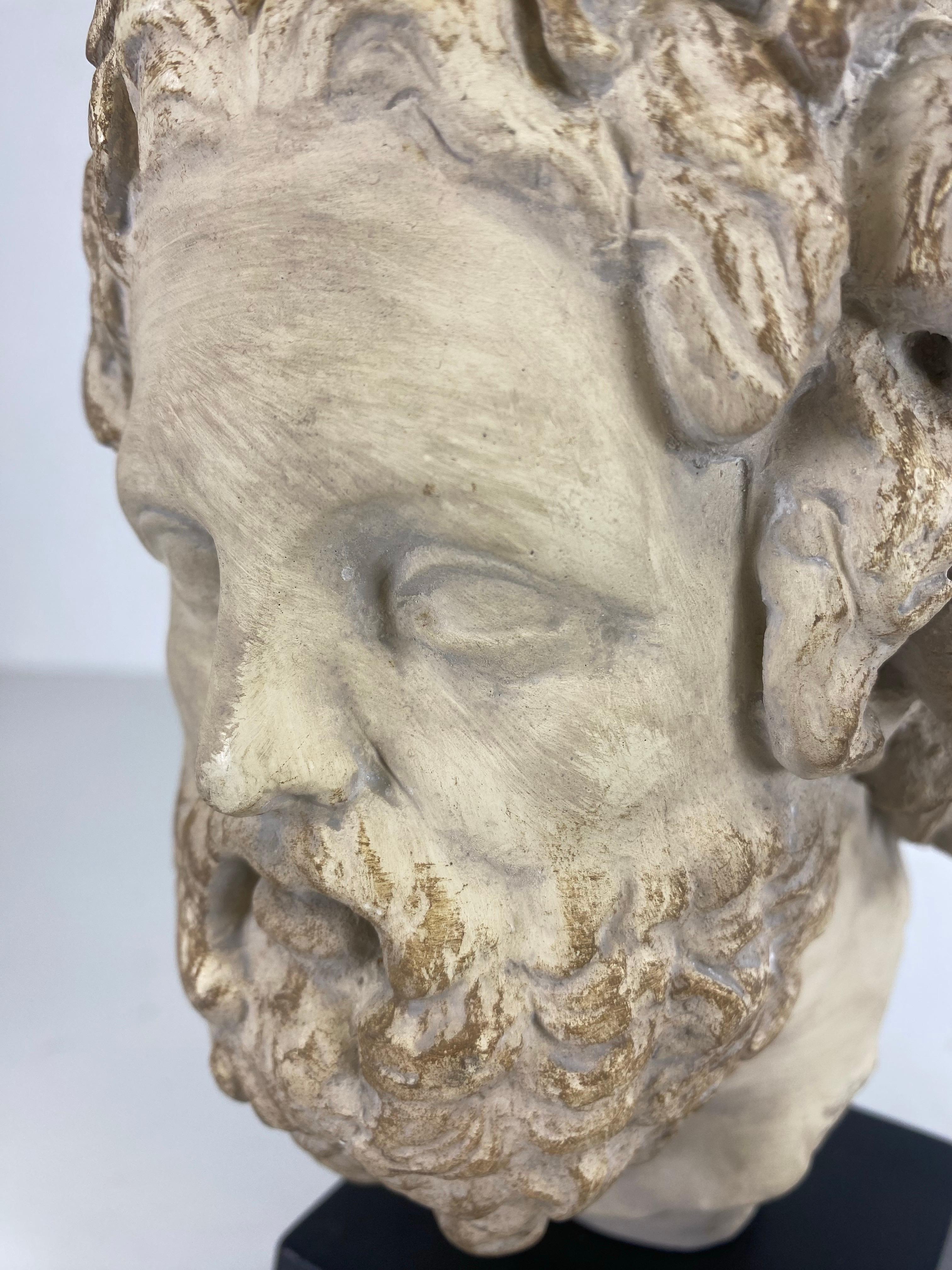 Si tratta di un busto greco-romano classico della metà del secolo scorso. Questo busto classico ha una finitura antica sulla superficie del gesso e poggia su un basamento nero. Il busto è firmato Alva Studios sul retro ed è stato realizzato nel 1980