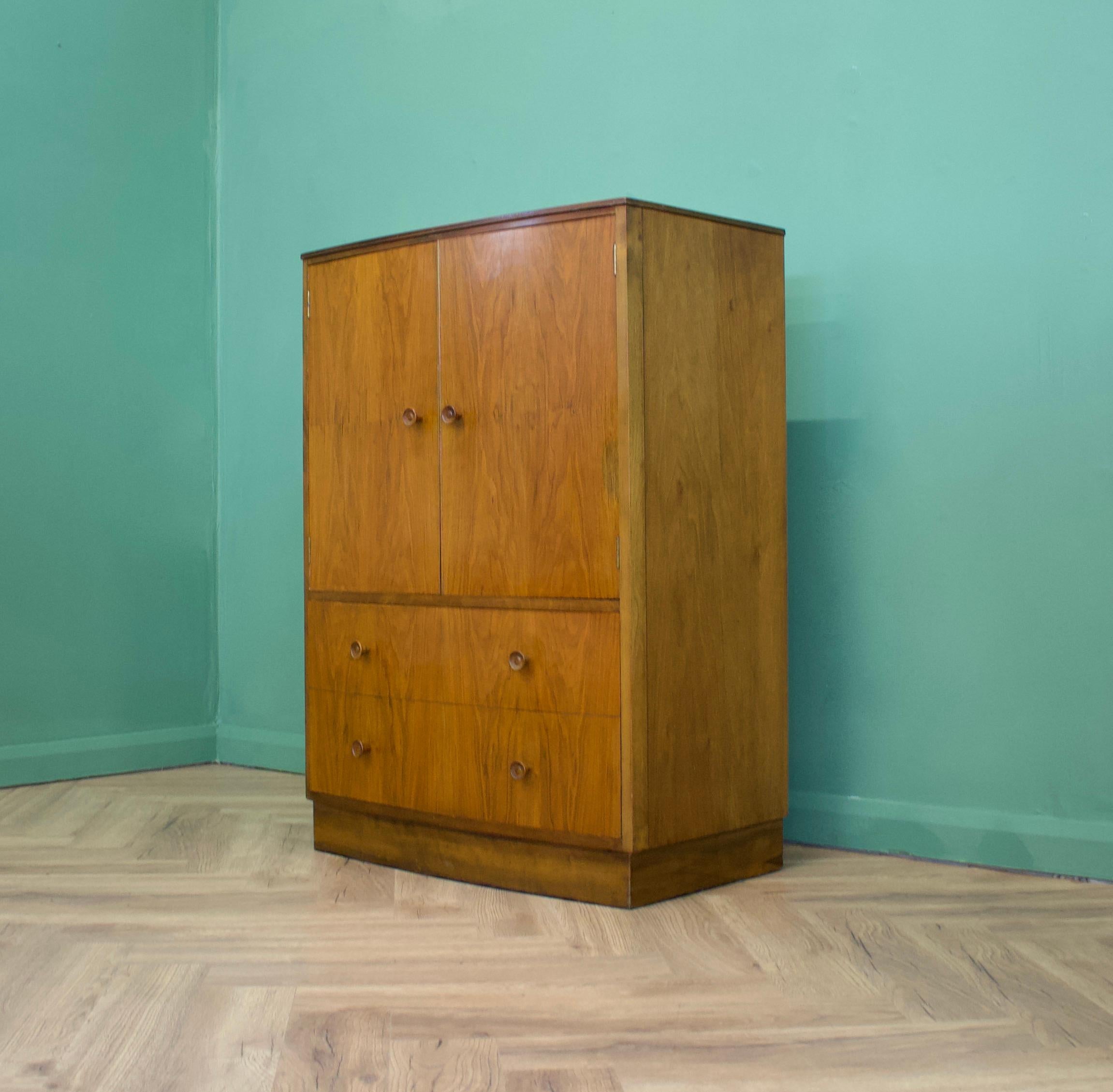 British Midcentury Vintage Art Deco Style Walnut Cupboard, Tallboy, Linen Cabinet, 1950