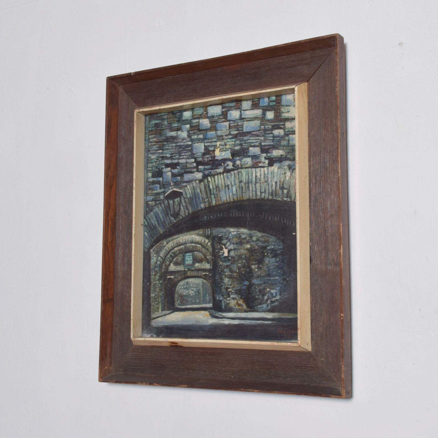 
Oil on Canvas Painting Stone Bridge Mid Century Modern Architectural Artwork.
Signed Art hard to read appears as OASTRUITE. 
Wear on wood frame.
 22.25 x 26.63
Original unrestored vintage condition. 
Please refer to images.



