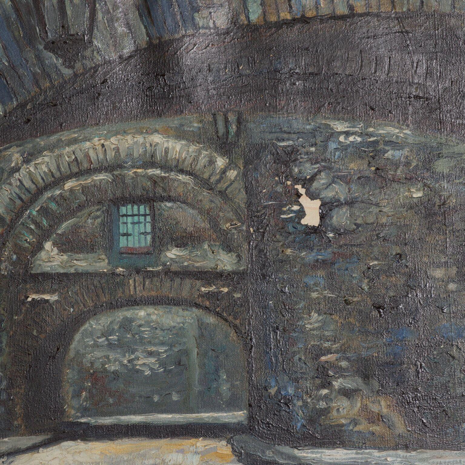 Ponte architettonico ad arco in pietra degli anni '70 Pittura ad olio su tela 1