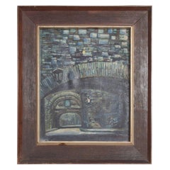 Vintage  1970s Architectural Art Oil Painting Canvas Stone Arch Bridge