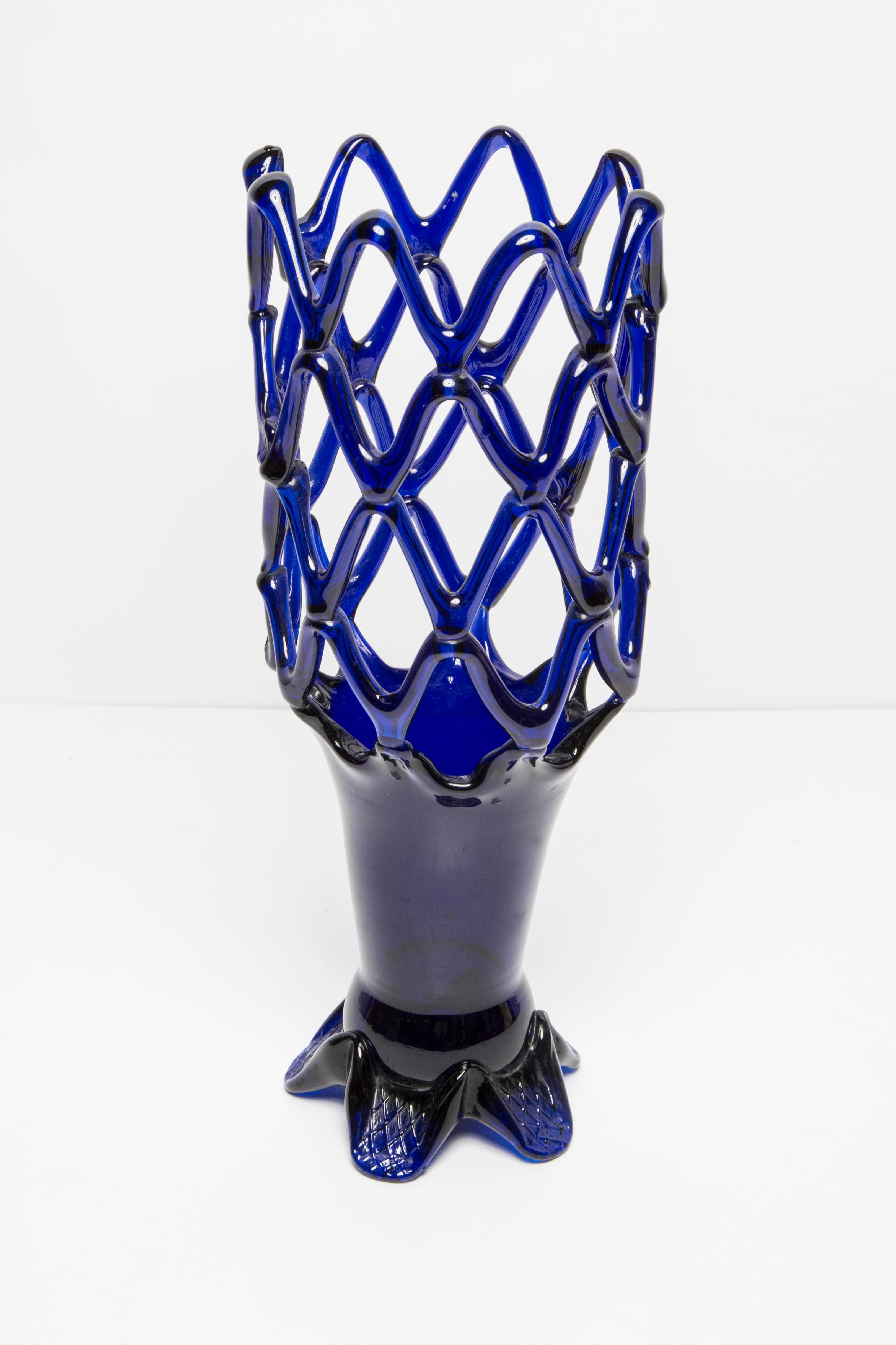 Polish Mid Century Vintage Artistic Glass Dark Blue Navy Vase, Europe, 1970s For Sale