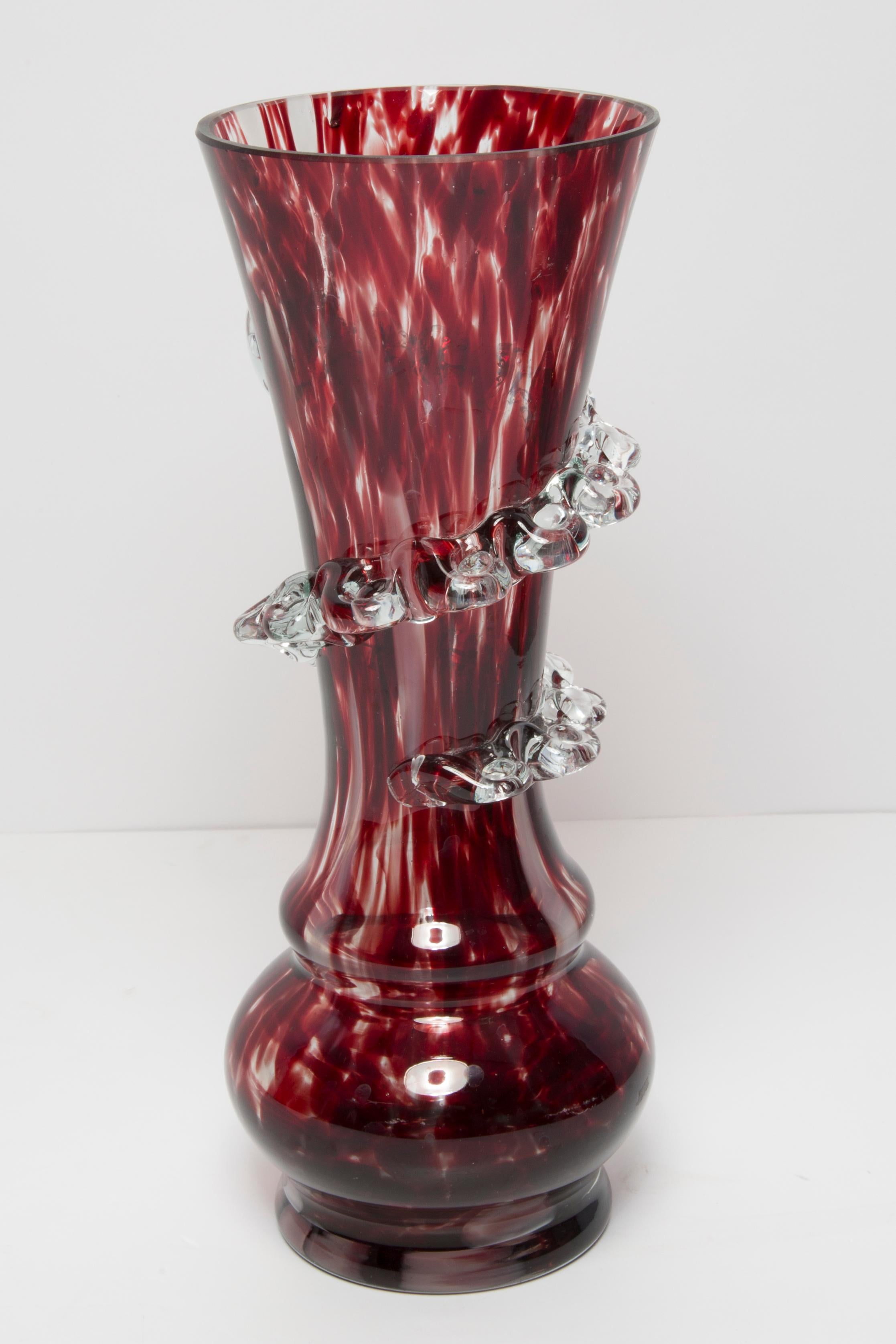 Polish Mid Century Vintage Artistic Glass Dark Red Burgundy Vase, Europe, 1970s For Sale