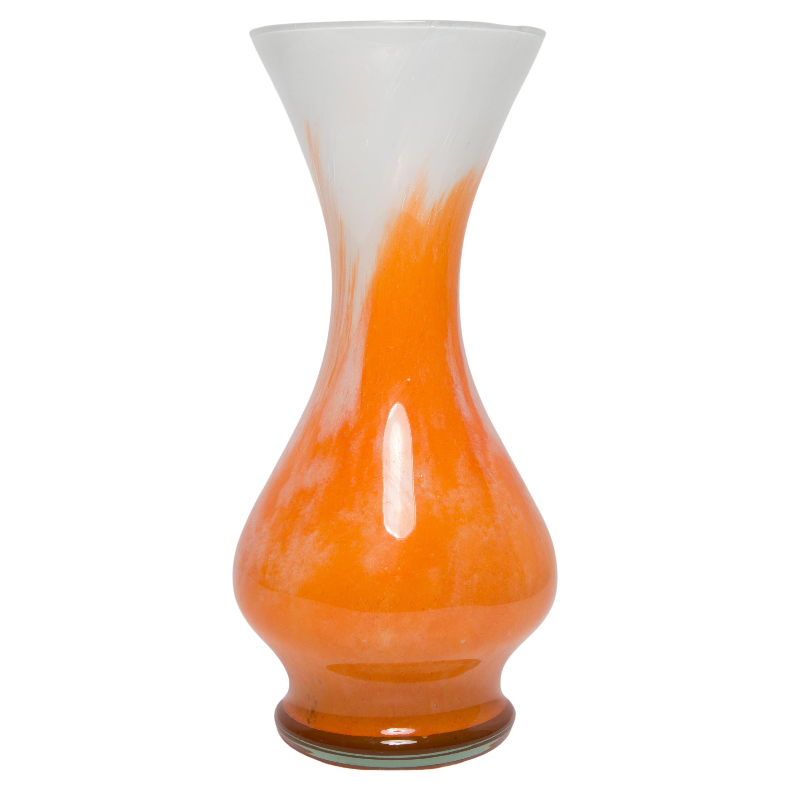 Mid Century Vintage Artistic Glass Orange and White Vase, Europe, 1970s For Sale