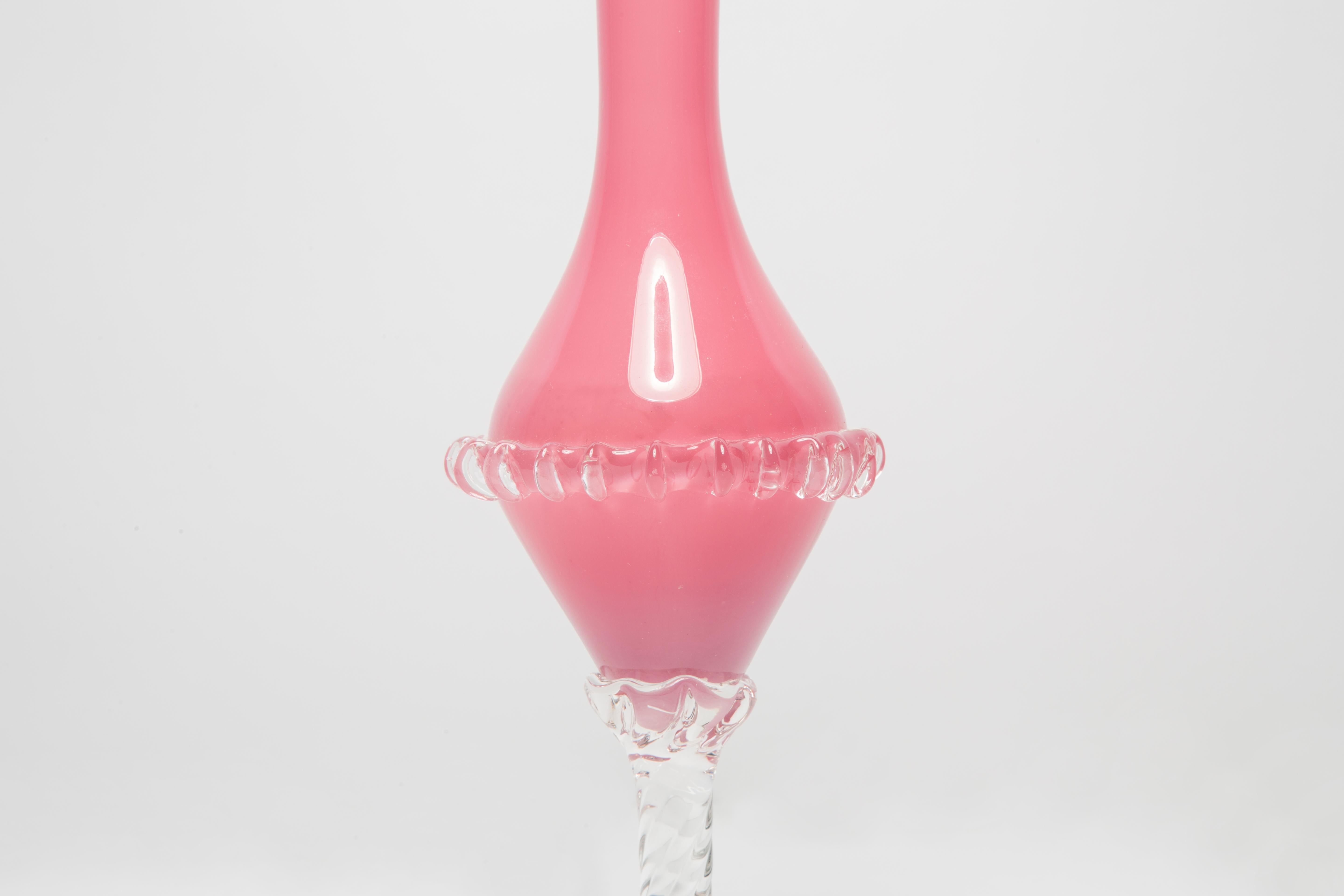 Hand-Carved Mid Century Vintage Artistic Glass Pink Vase, Tarnowiec, Sulczan, Europe, 1970s For Sale