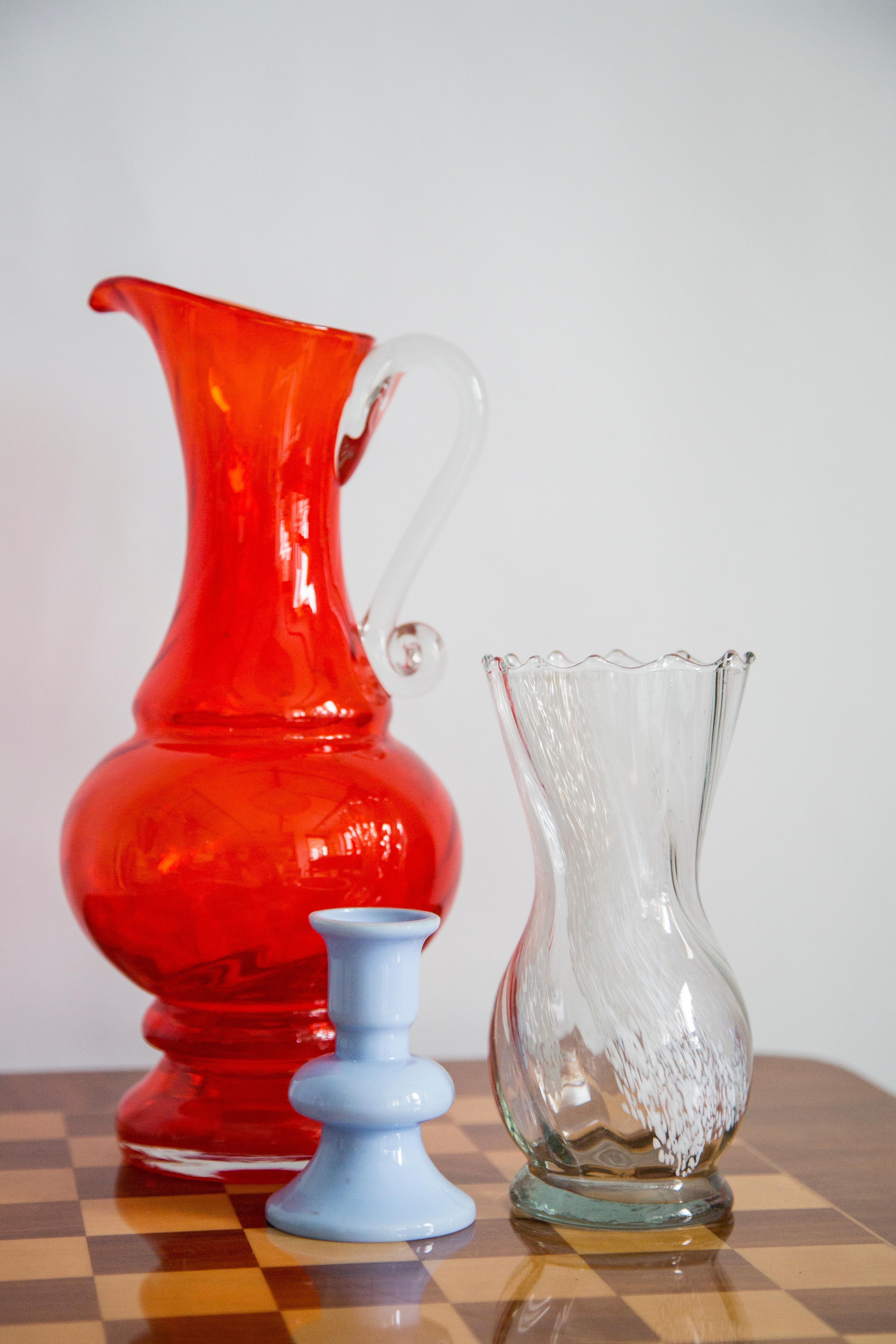 Polish Mid Century Vintage Artistic Glass Red Orange Vase Big Pot, Europe, 1970s For Sale