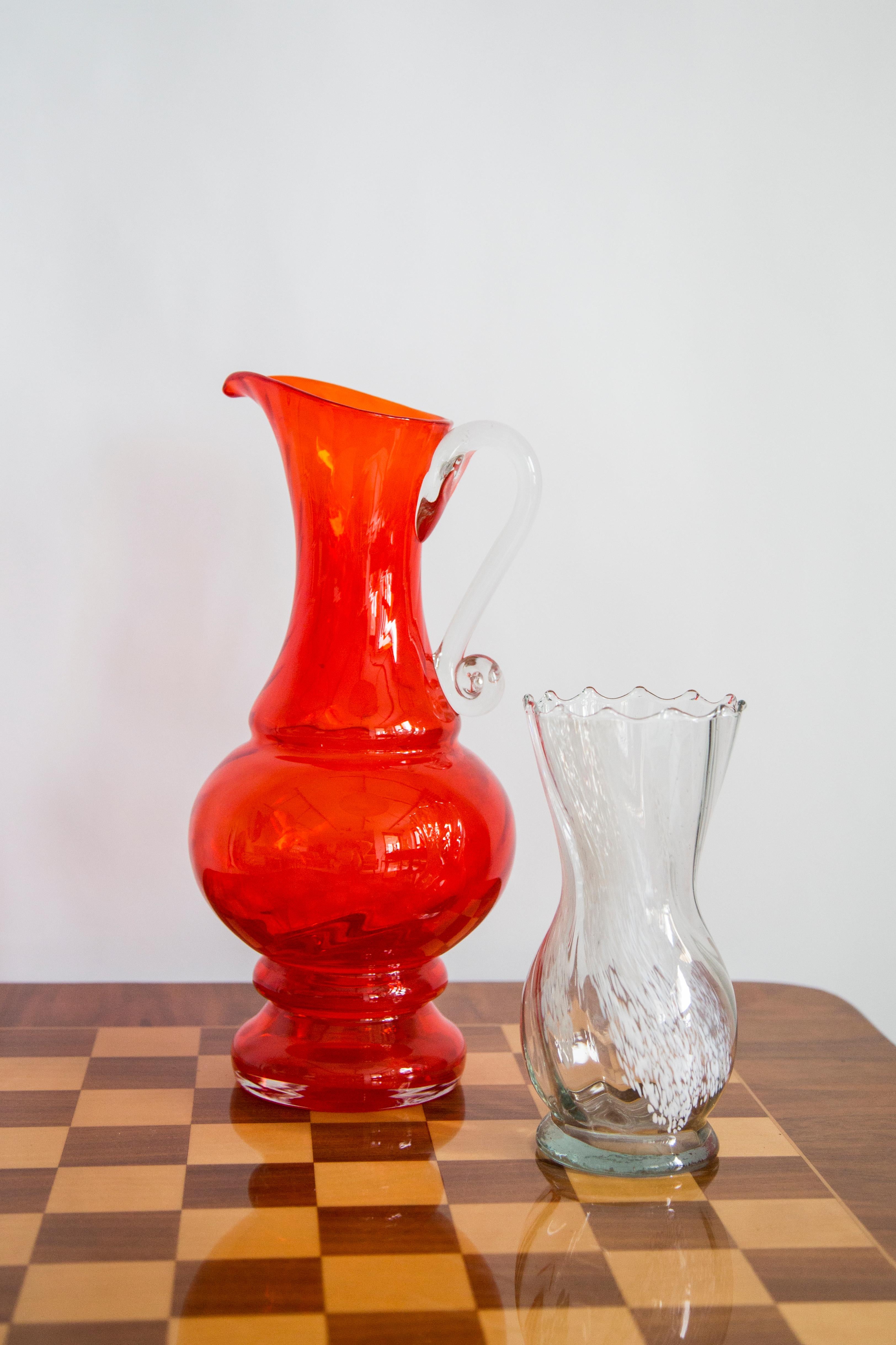 Mid Century Vintage Artistic Glass Red Orange Vase Big Pot, Europe, 1970s In Excellent Condition For Sale In 05-080 Hornowek, PL