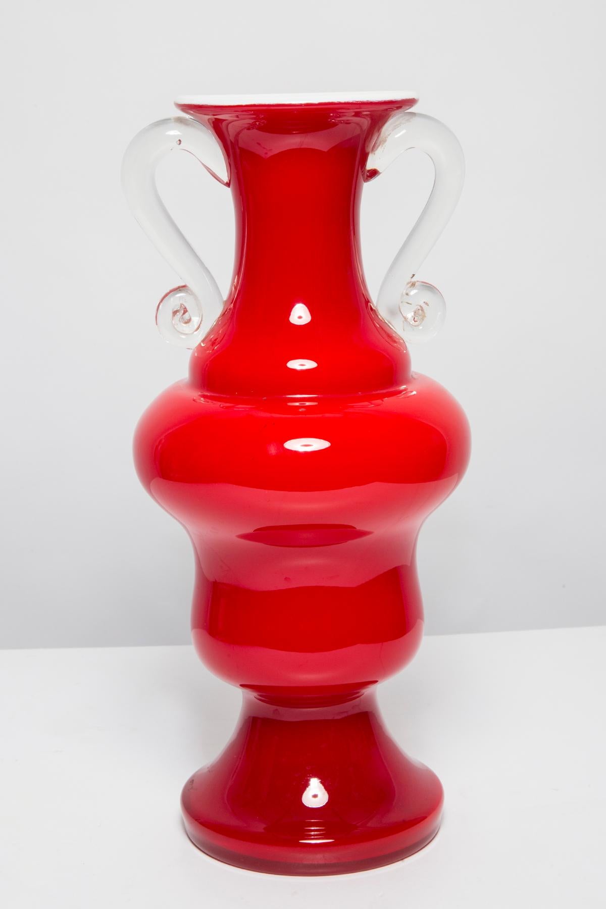 Polish Mid Century Vintage Artistic Glass Red Vase Big, Europe, 1970s For Sale