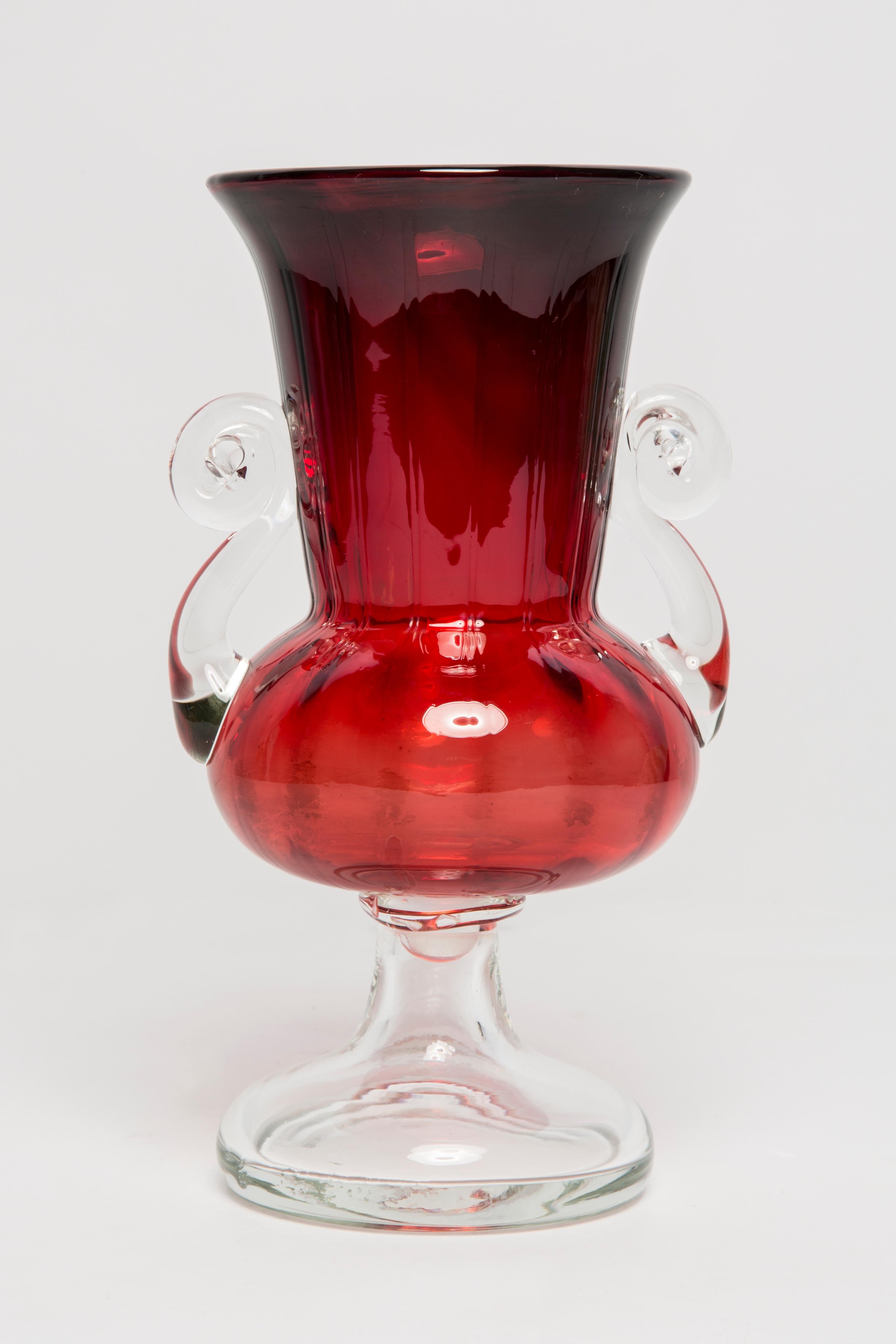 Mid-Century Modern Mid Century Vintage Artistic Glass Red Vase, Tarnowiec, Sulczan, Europe, 1970s For Sale