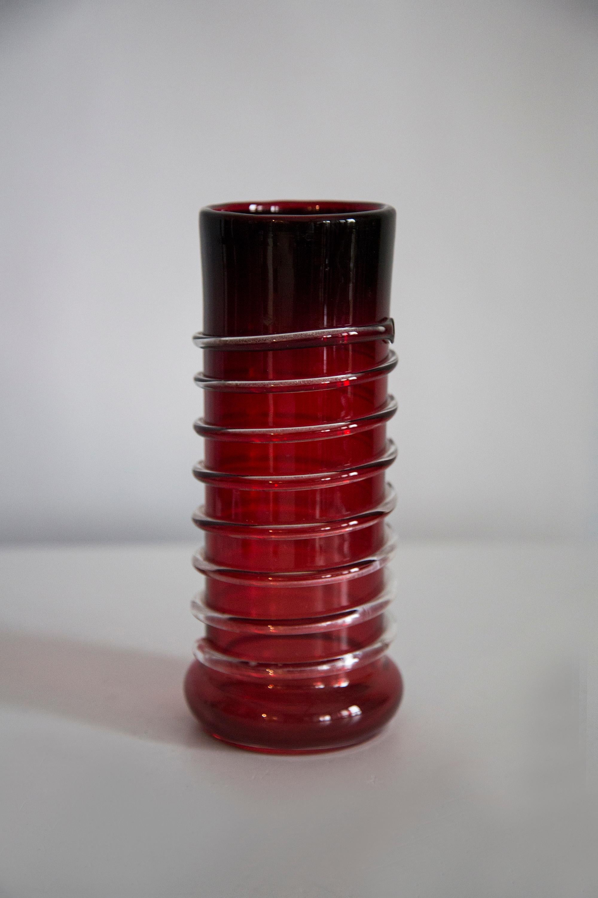 Polish Mid Century Vintage Artistic Glass Red Vase, Tarnowiec, Sulczan, Europe, 1970s For Sale