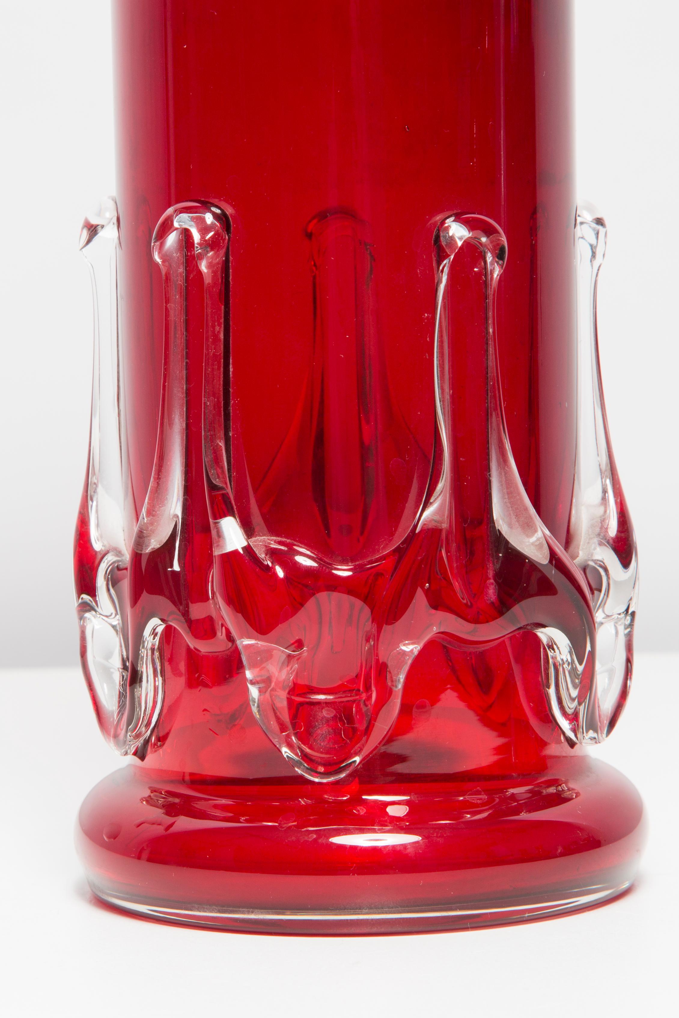 20th Century Mid Century Vintage Artistic Glass Red Vase, Tarnowiec, Sulczan, Europe, 1970s For Sale