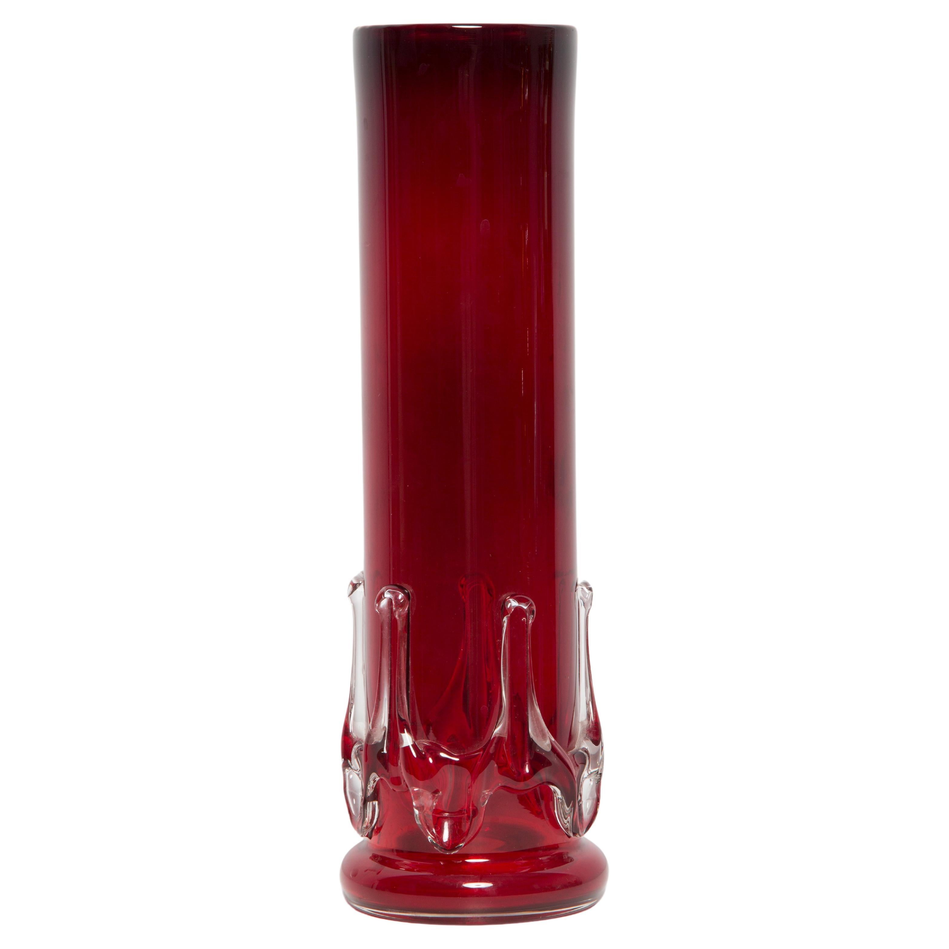 Mid Century Vintage Artistic Glass Red Vase, Tarnowiec, Sulczan, Europe, 1970s