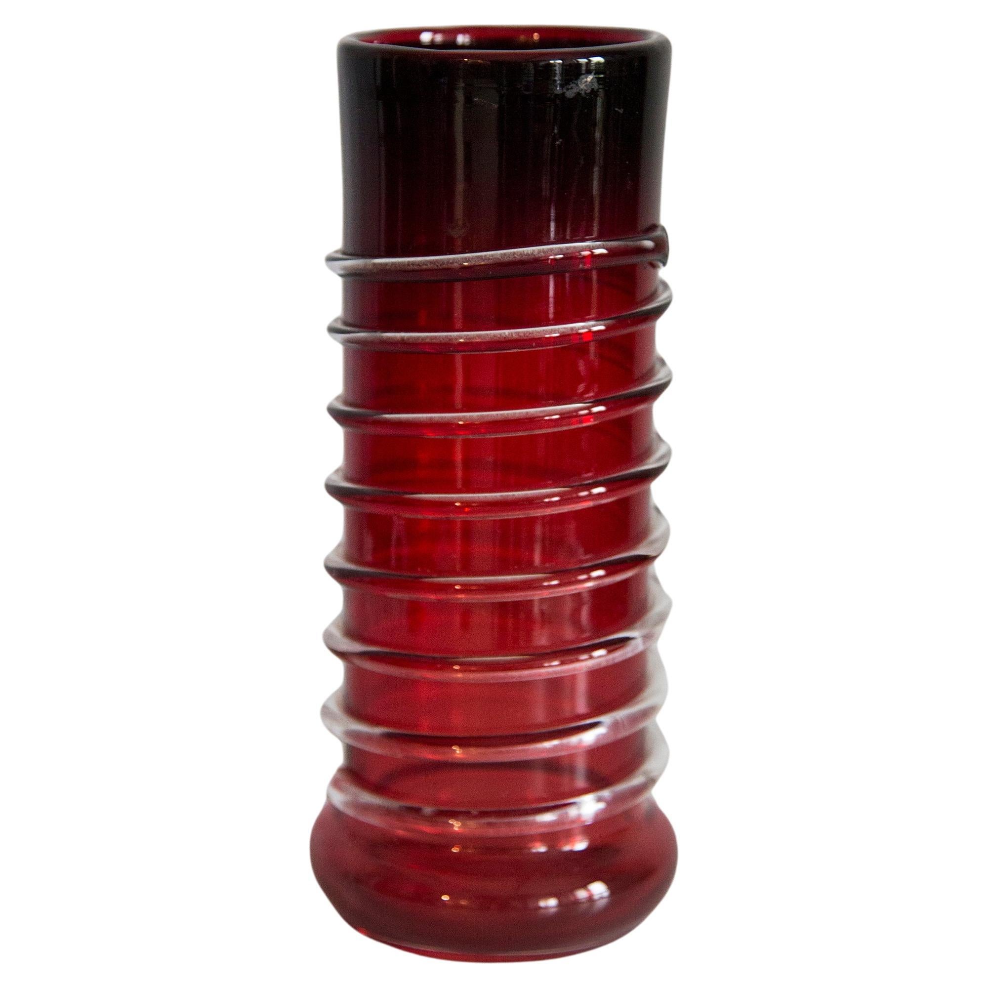 Mid Century Vintage Artistic Glass Red Vase, Tarnowiec, Sulczan, Europe, 1970s For Sale