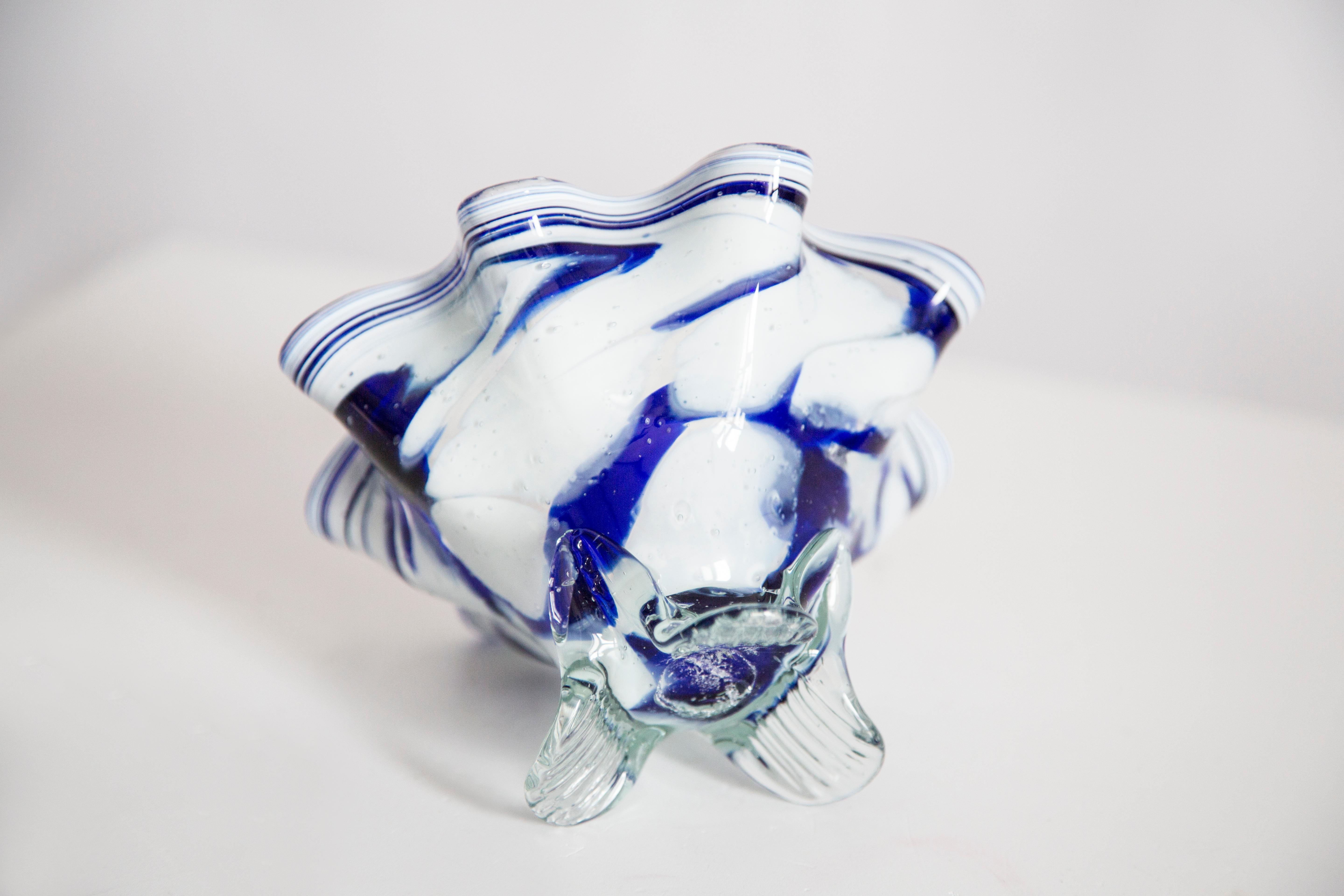 Mid Century Vintage Artistic Glass White and Blue Vase Bowl, Europe, 1970s For Sale 4