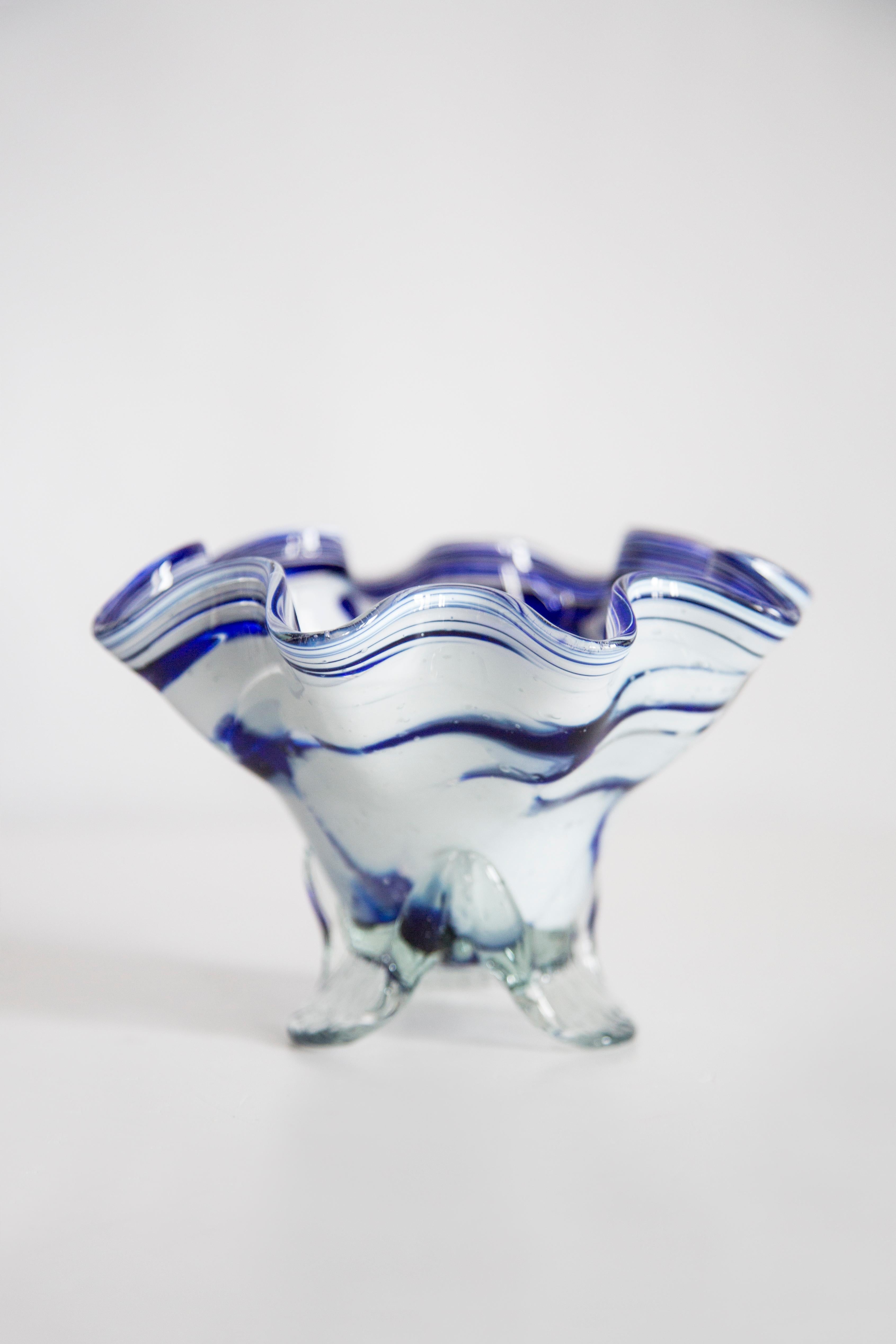 Polish Mid Century Vintage Artistic Glass White and Blue Vase Bowl, Europe, 1970s For Sale