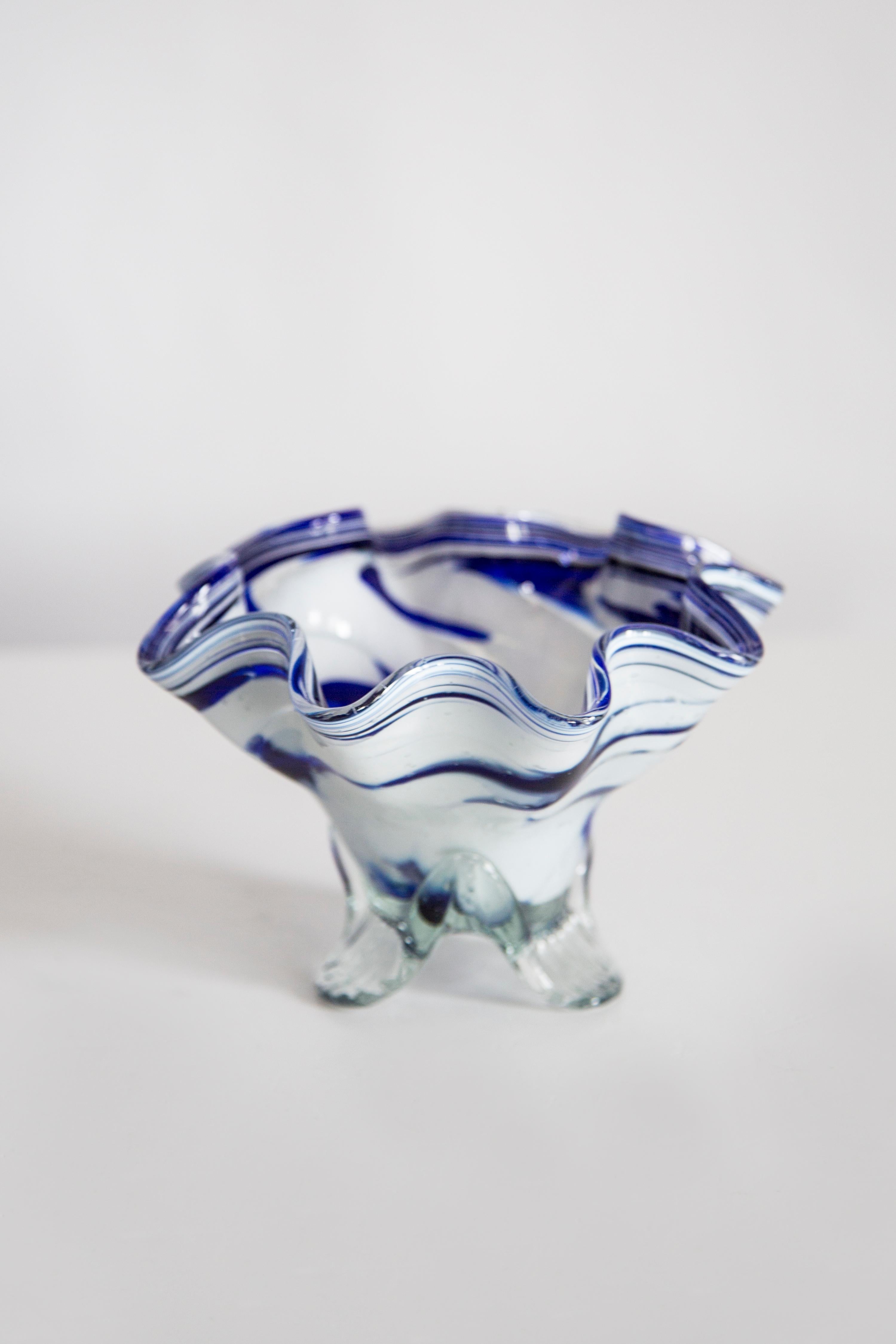 Mid Century Vintage Artistic Glass White and Blue Vase Bowl, Europe, 1970s In Excellent Condition For Sale In 05-080 Hornowek, PL