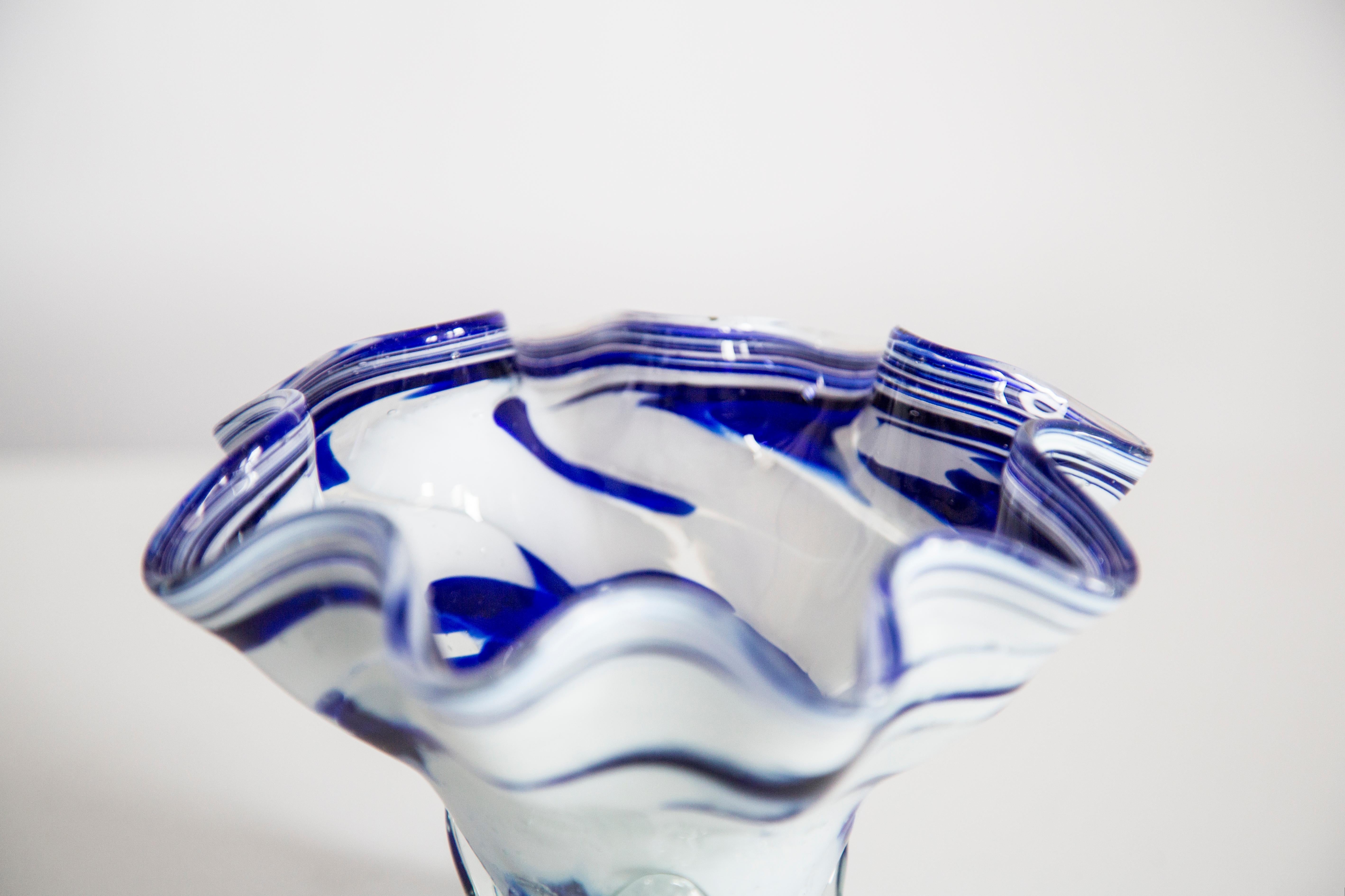 Mid Century Vintage Artistic Glass White and Blue Vase Bowl, Europe, 1970s For Sale 1