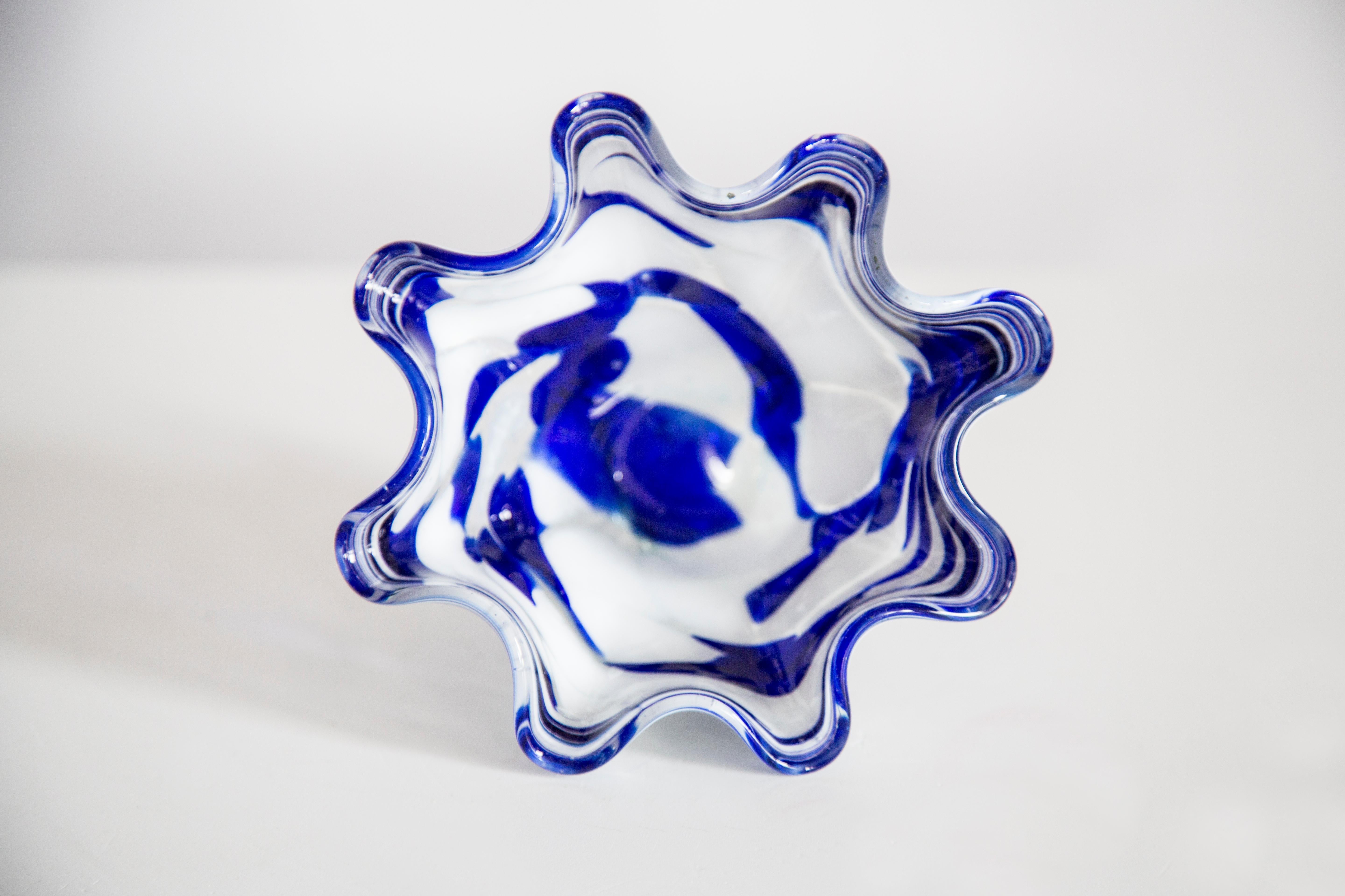 Mid Century Vintage Artistic Glass White and Blue Vase Bowl, Europe, 1970s For Sale 2