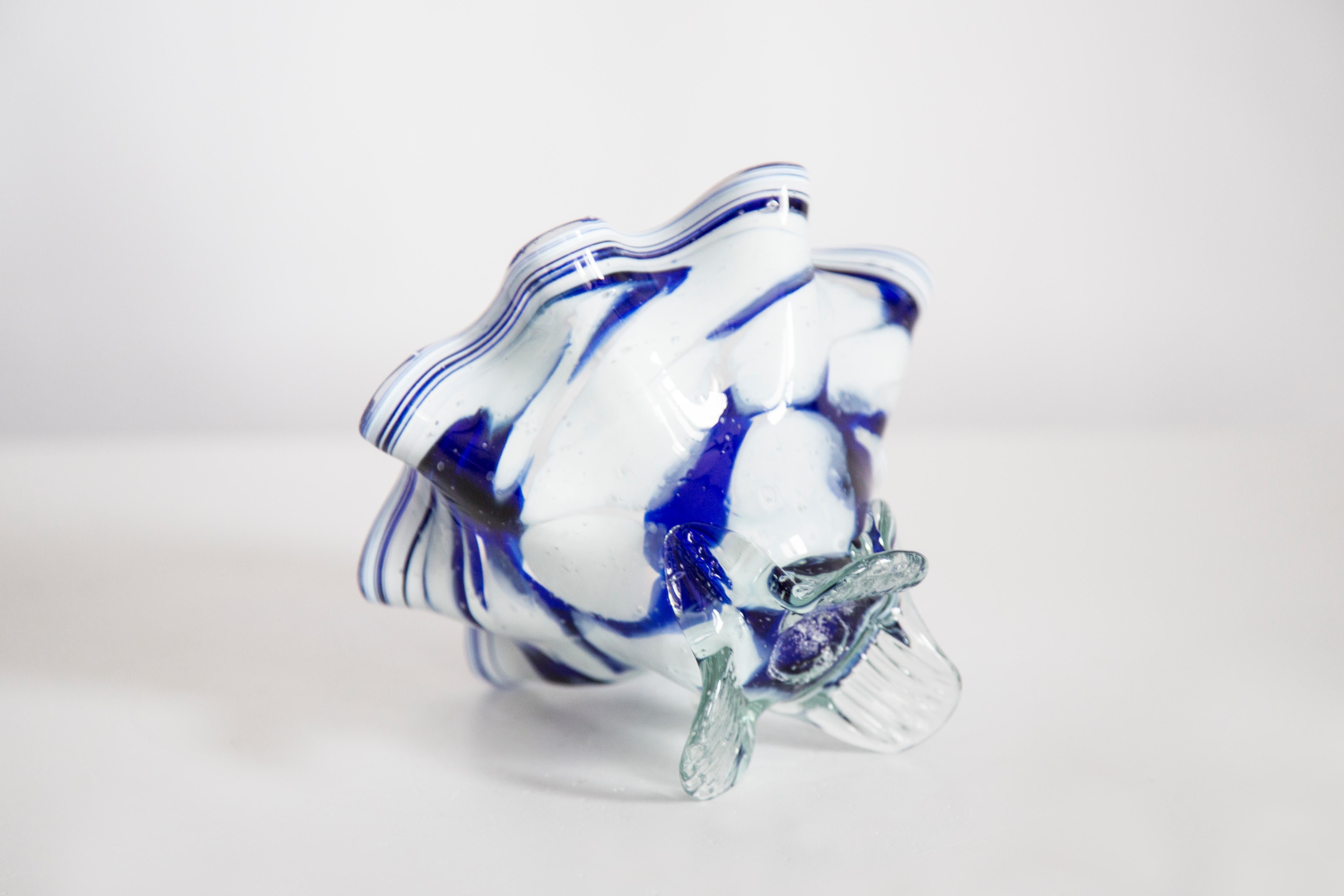 Mid Century Vintage Artistic Glass White and Blue Vase Bowl, Europe, 1970s For Sale 3